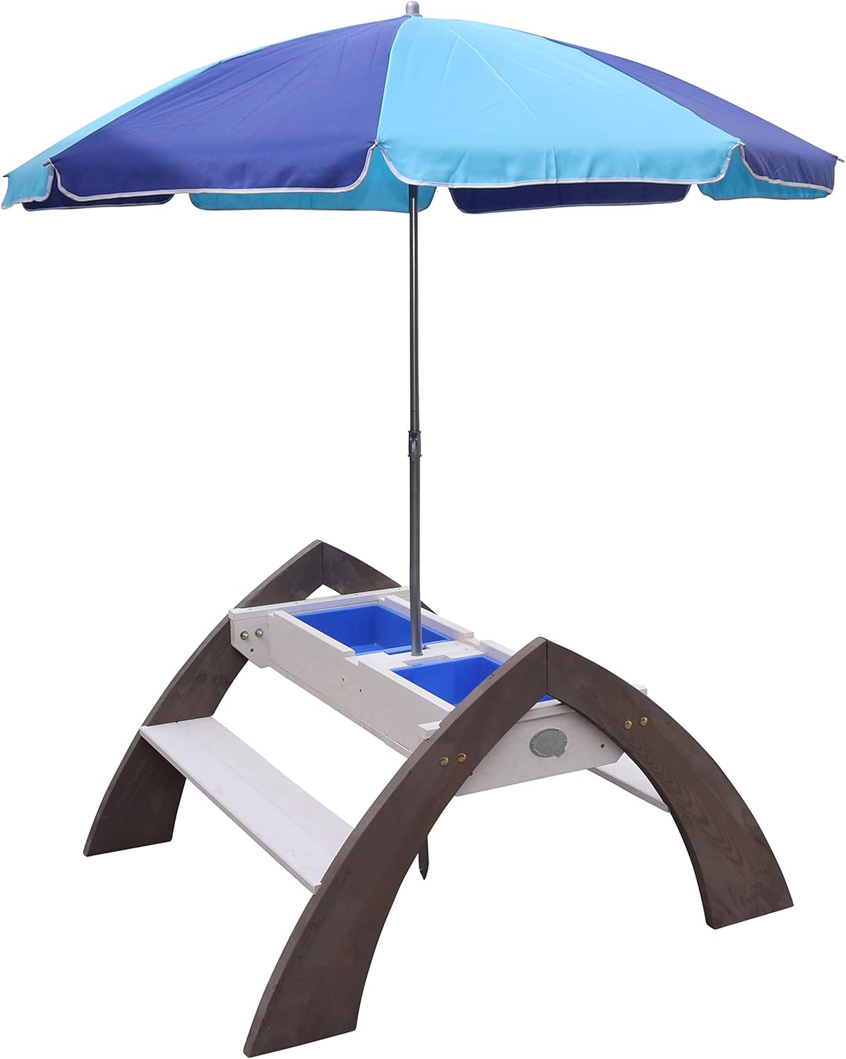 AXI Delta Mesa de Agua y Arena y Picnic para niños de Madera | Water Table infantil con Tapa, Contenedores y Parasol en Gris y Blanco | Juguetes de exterior / jardin