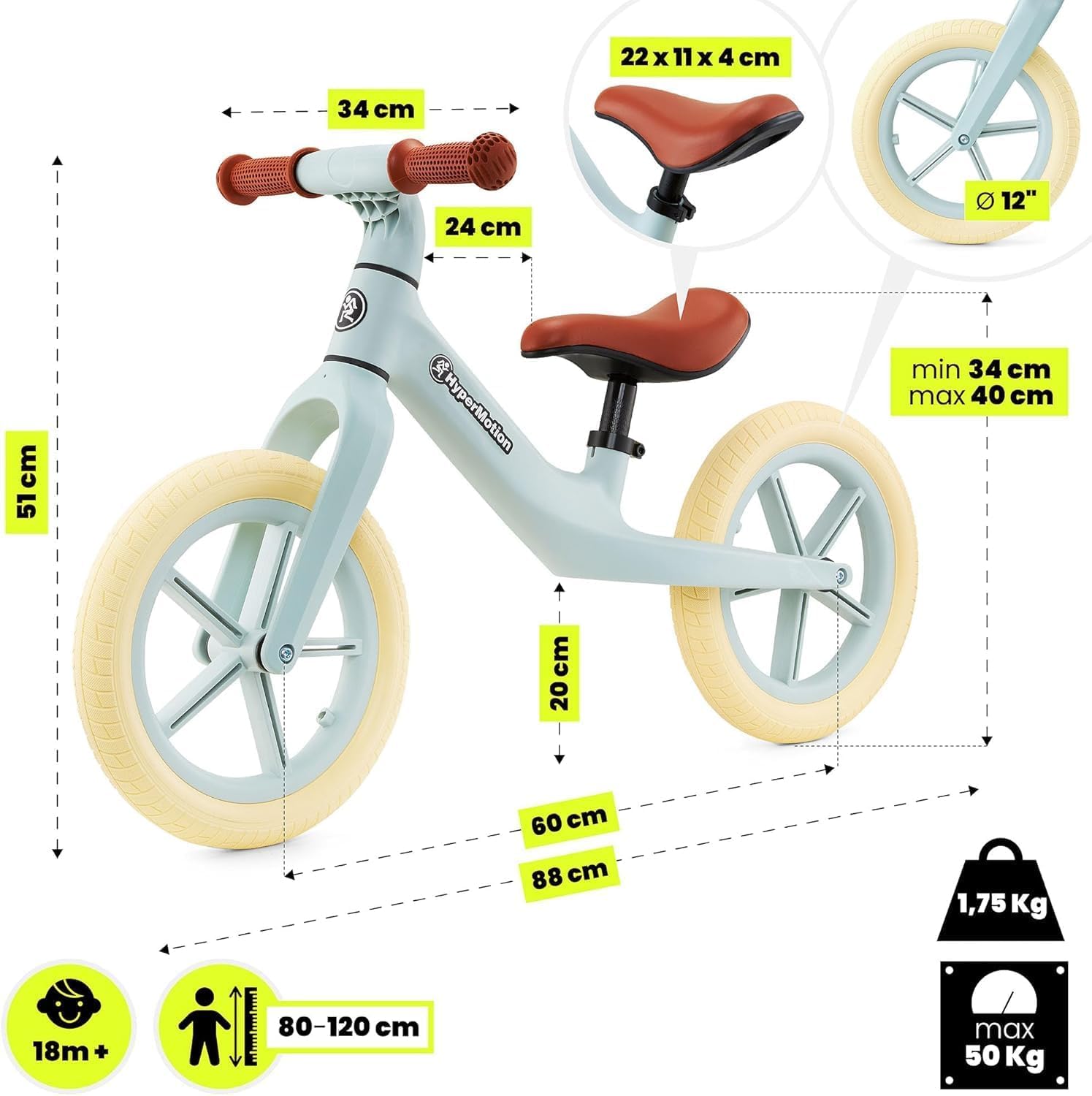 HyperMotion Rowerek Biegowy Marcelo – Lekki i Stabilny, Regulowane Siodełko, Retro Koła PU – Dla Dzieci 18m+, Miętowy