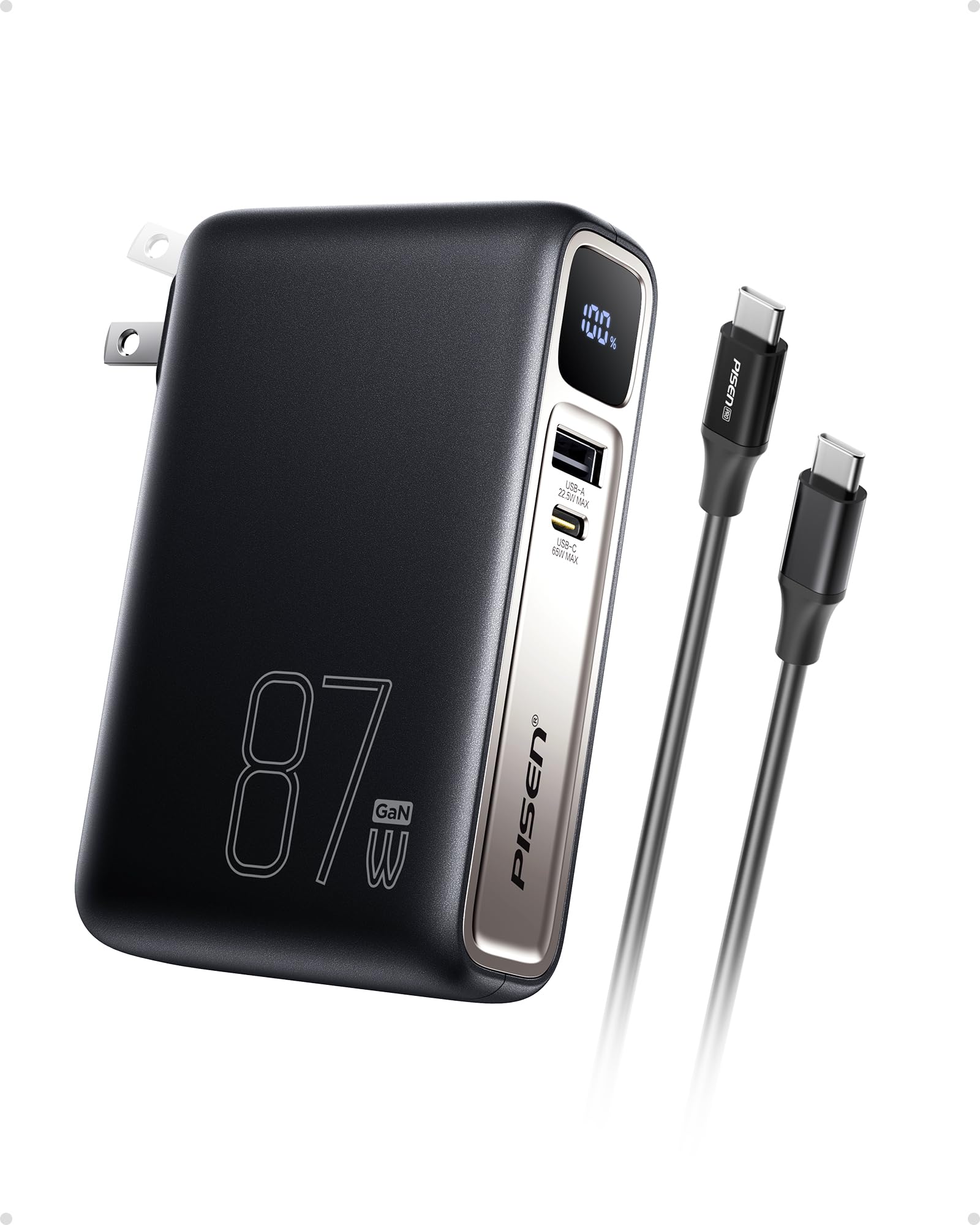 PISEN Wall Charger Power Bank - 87W 2-in-1 Hybrid Charger, 10000mAh GaN USB-C Portable Charger with Wall Plug, 87W Hybrid Charger Power Bank with Wall Plug for iPhone, iPad, MacBook, Samsung, Laptops