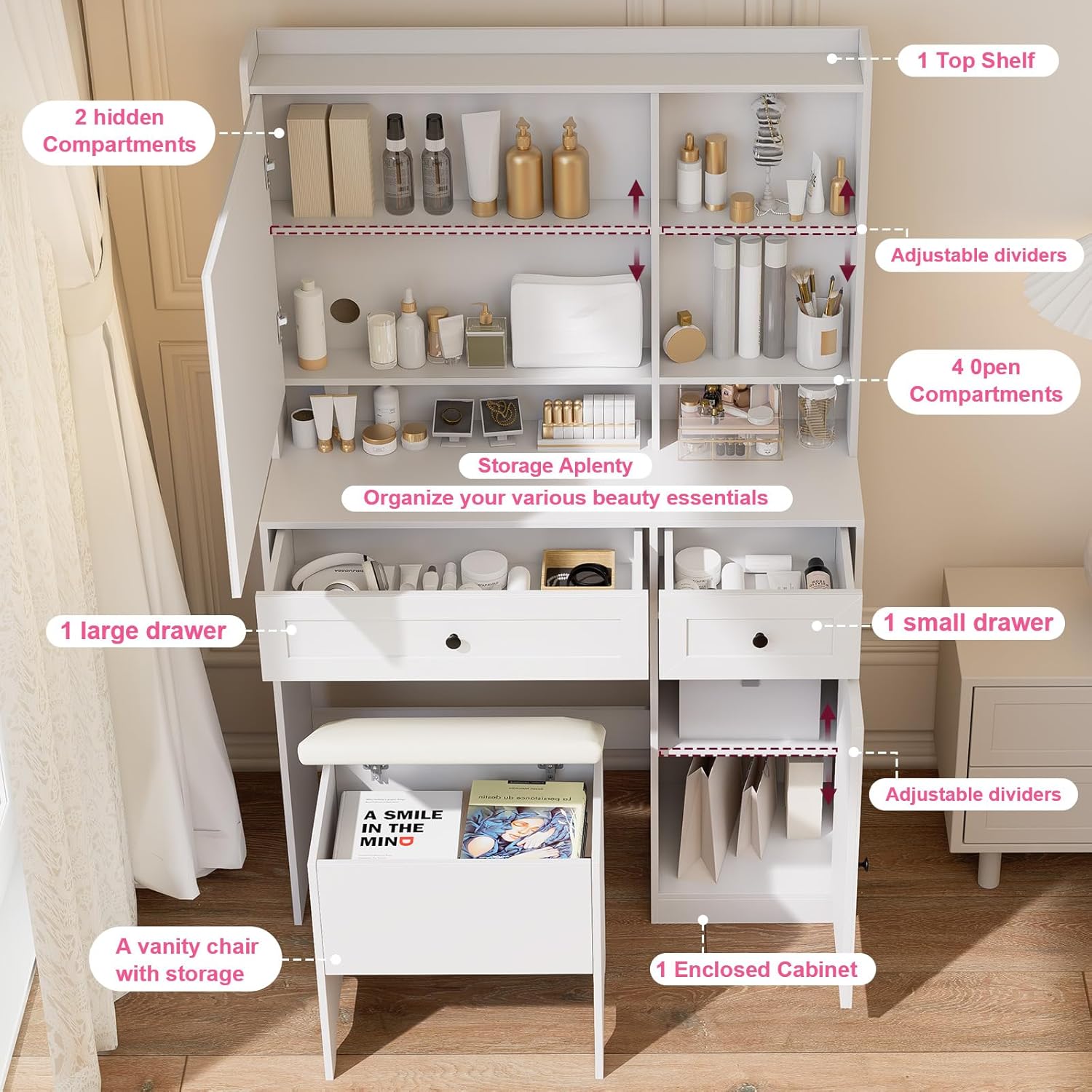 Vanity Table with Hidden Storage & LED Mirror - Includes Padded Stool, 5 Compartments, 2 Drawers & 1 Storage Cabinet - Ideal Bedroom Makeup Dressing Table White