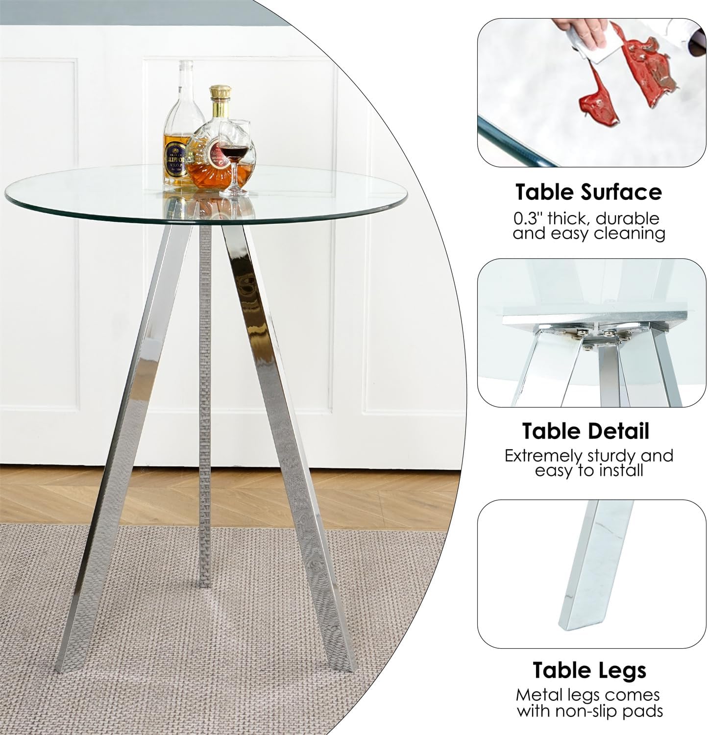 Small Round Bar Table and Adjustable Barstools Set for 2, Glass Counter Height Table with 2 Velvet Bar Chairs Swivel Island Chairs for Bistro Pub (Silver Metal Legs, Clear Top + Beige Chair)