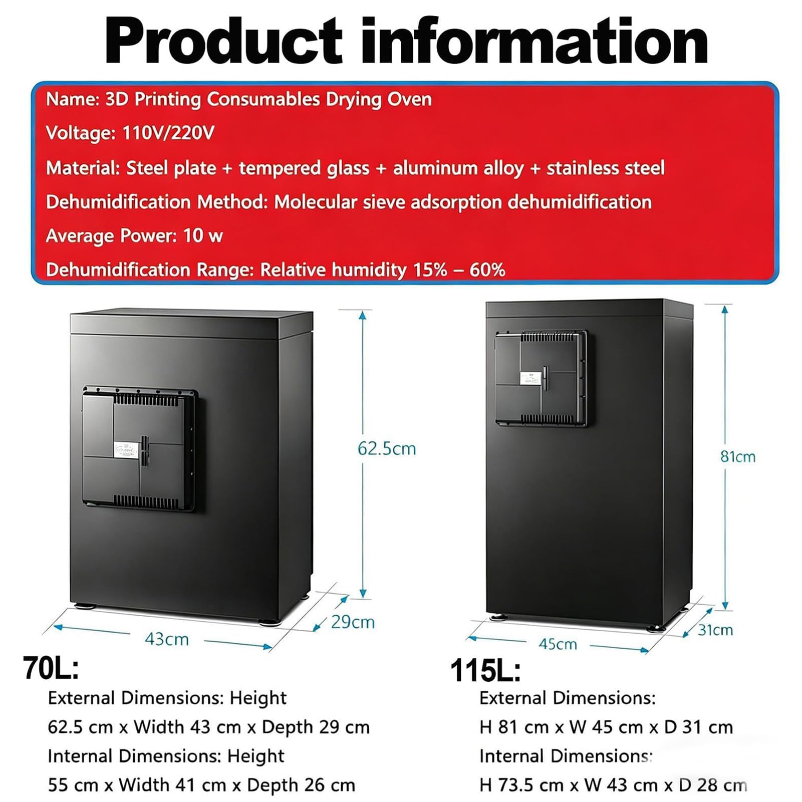 3D Szafka Susząca Do Filamentu Inteligentne Pudełko Do Przechowywania | 70L/115L Szafka Susząca Do Filamentu Z Monitorem LCD System Osuszania Ochronne Przechowywanie Przed Wilgocią Dla PLA(115L)