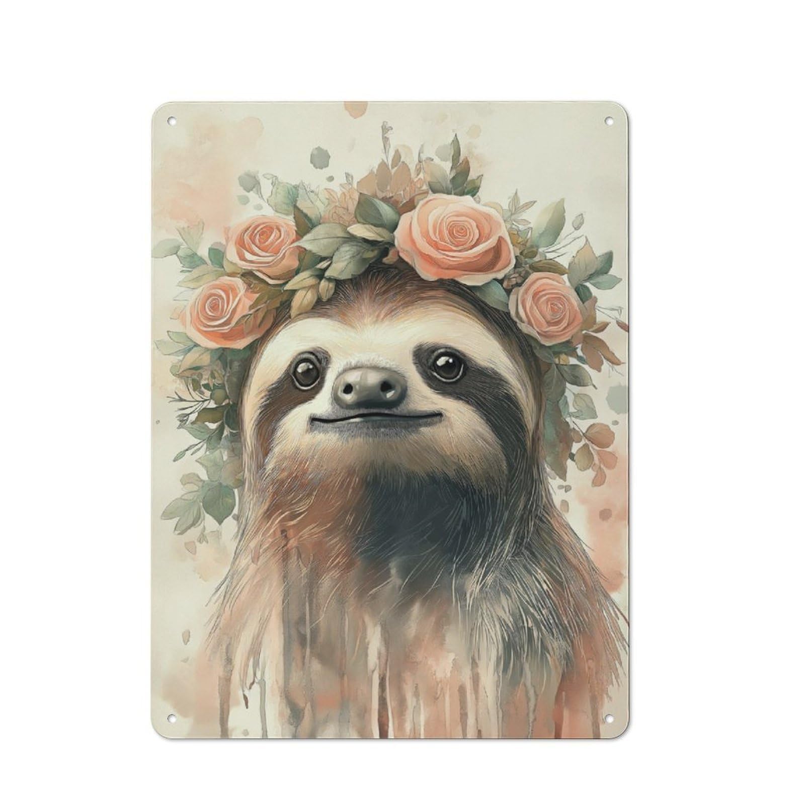 Junmoney Sloth With Floral Crown Retro Metal Wall Sign 40X30cm With For Garage Wall, A Decorative Metal Sign For Garages And Workshops