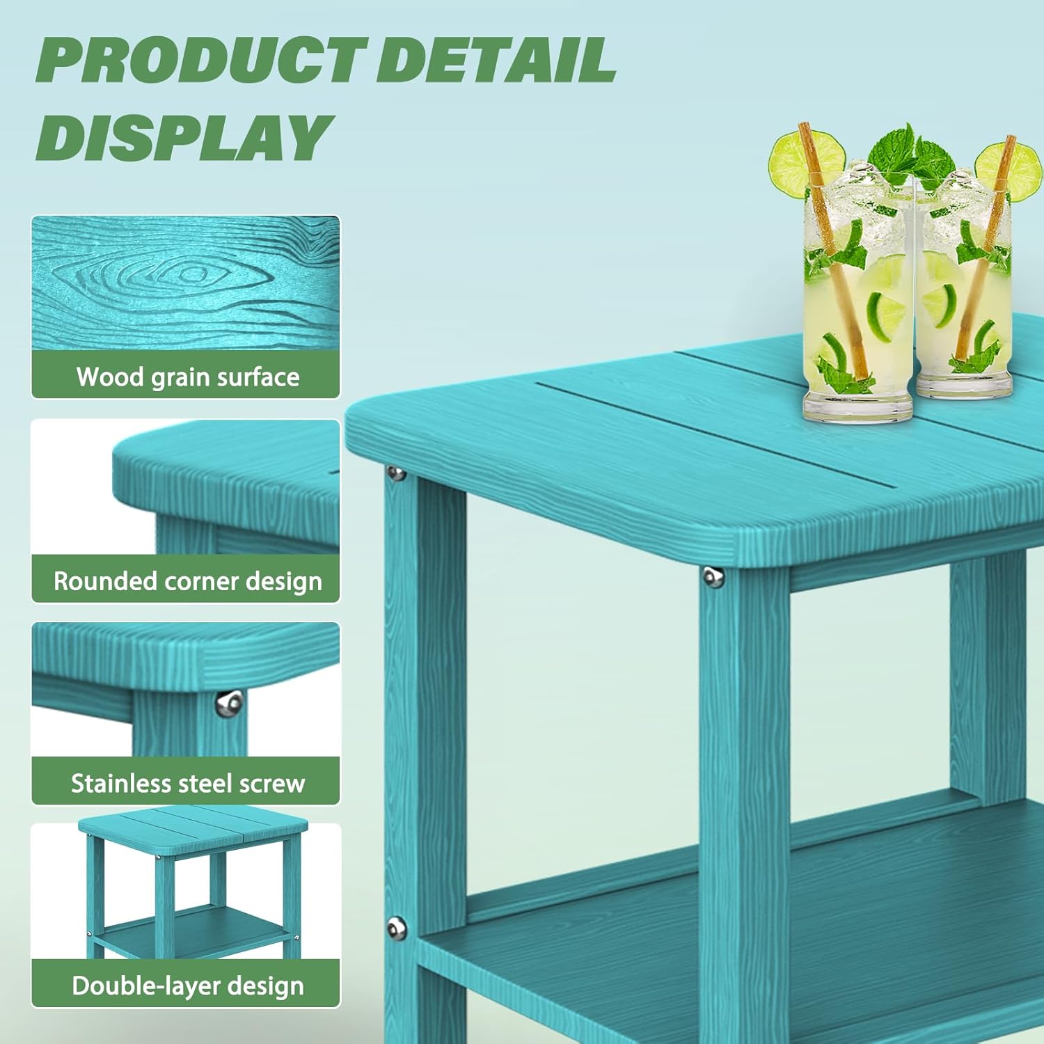 Patio Side Table, Small Rectangular HDPE Adirondack End Table for Outdoor Use in Pool, Garden, Lawn, Backyard,Aurba