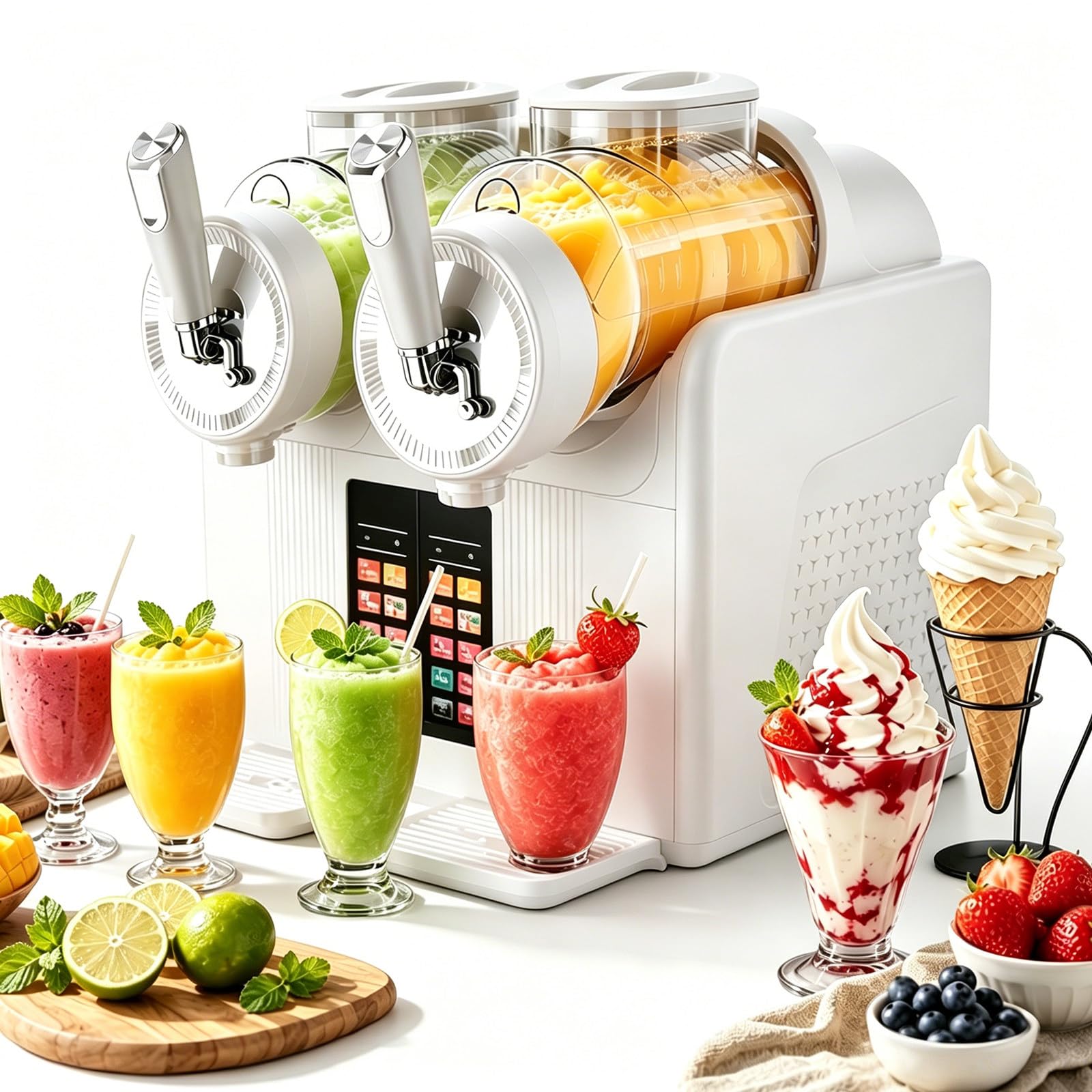 Granita i maszyna do robienia lodów miękkich 2 w 1, podwójna głowica 2 x 2 l, maszyna granitowa 430 W, 6 programów, ekran dotykowy i automatyczne czyszczenie, do domu, na imprezy, bary i