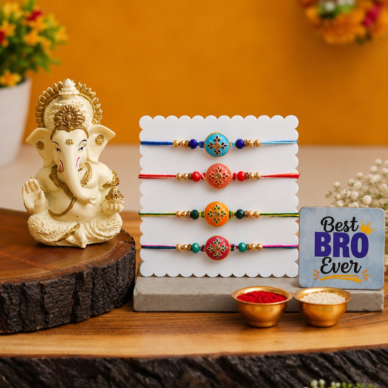 eCraftIndia Set of 4 Designer Rakhi for Brother with Best Bro Ever Fridge Magnet & Lord Ganesha Idol | Premium Beaded Rakhi Set with Roli Chawal | Raksha Bandhan Gift Combo