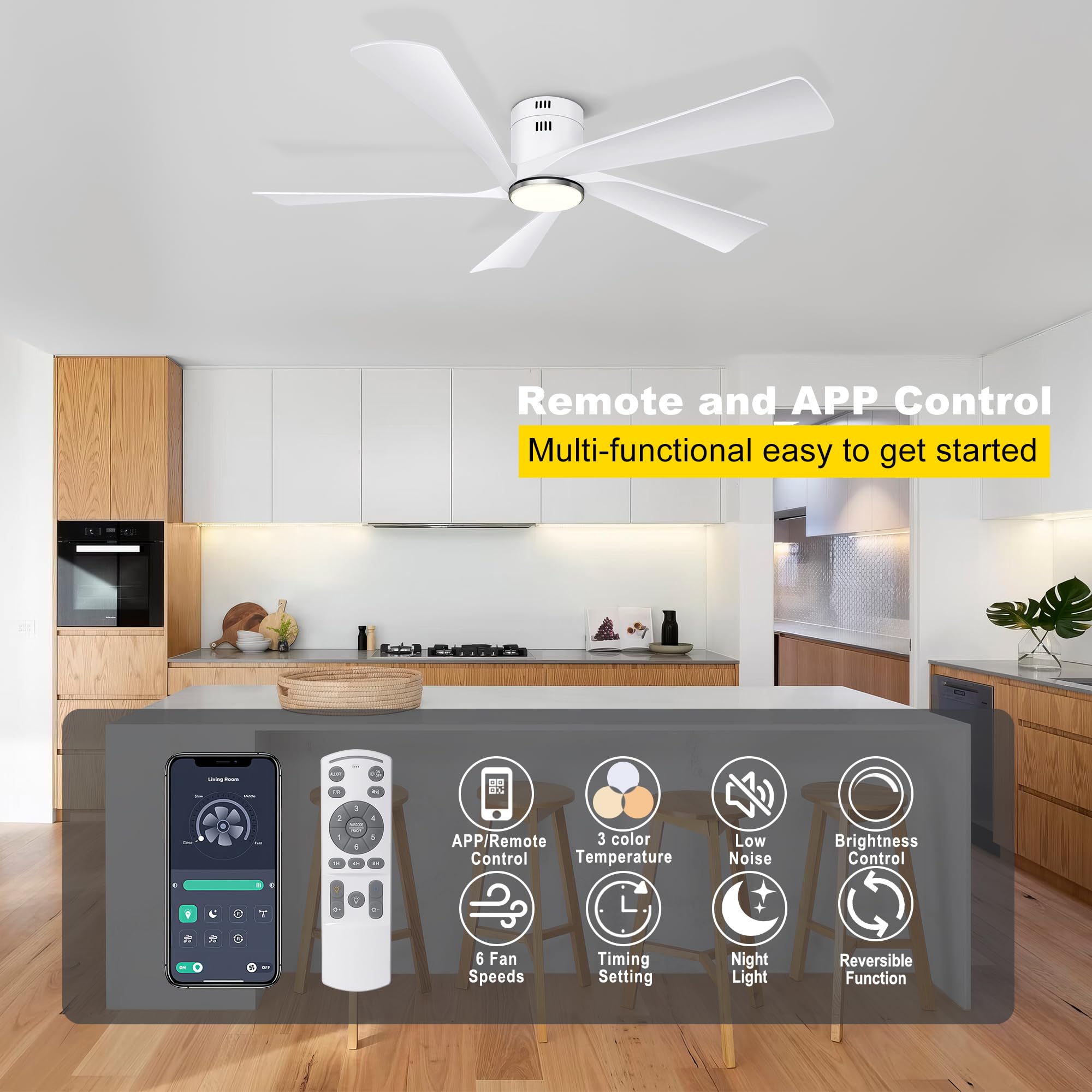 Ohniyou 132 cm Ventilatore da Soffitto con Luce, Telecomando e Controllo APP, Ventilatori da Soffitto per Esterni, Luce Regolabile, Motore DC Silenzioso, Reversibile per Camera da Letto, Soggiorno