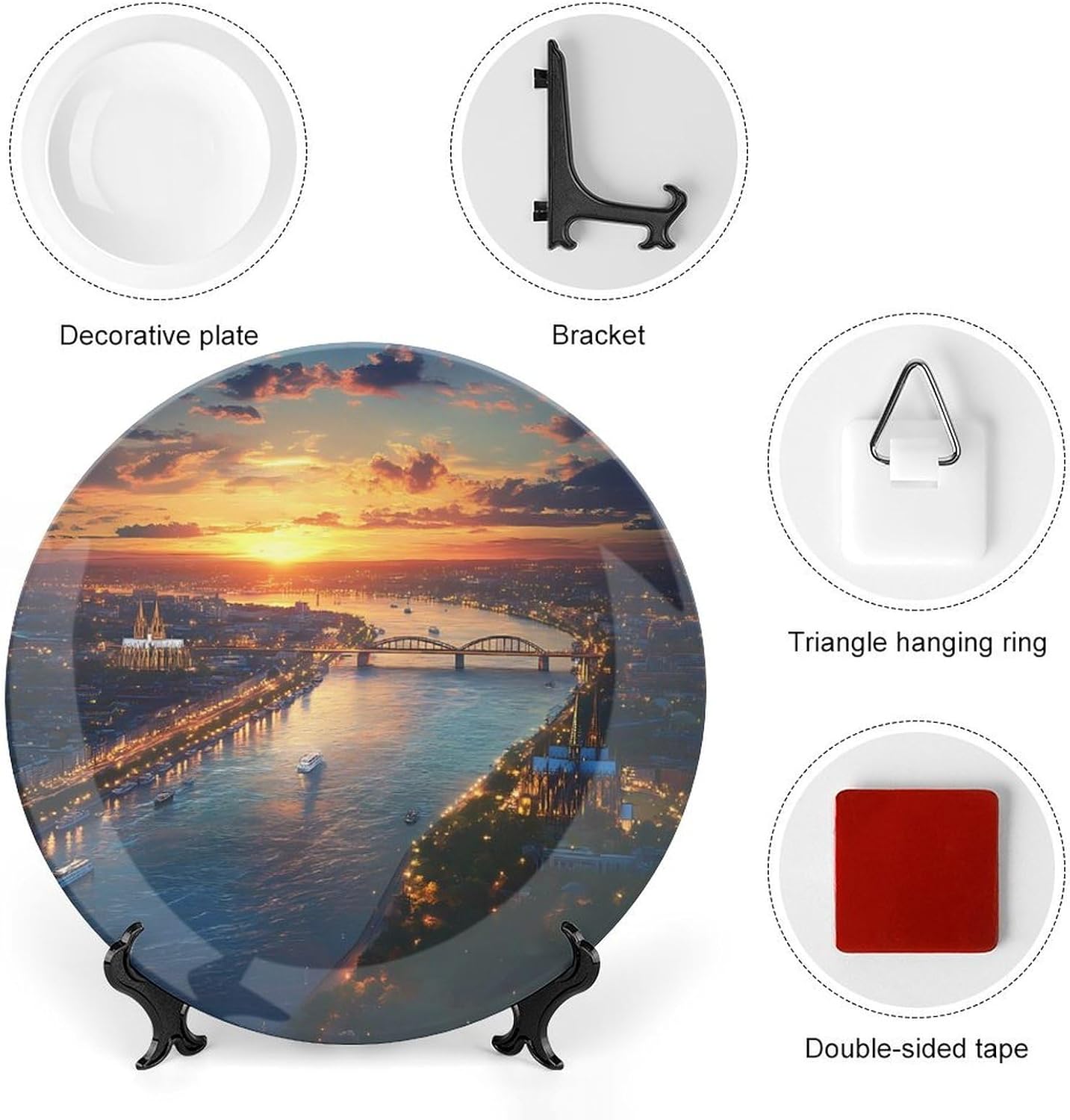 German Cologne City Bone China Decorative Plate with Stand Home Dessert Plates Gift for Men Women 8inch