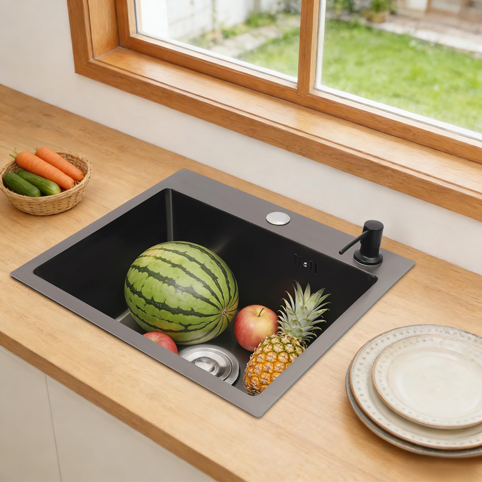 Fregadero de cocina moderno, color negro, 45 x 40 cm, para familias, restaurantes, lavaderos, con escurridor, dispensador de jabón, sin grifo