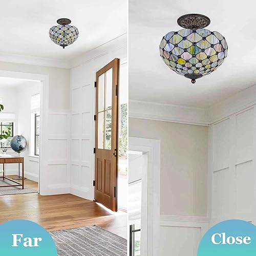 Miniatura 7 de Lámpara de techo Tiffany estilo perlas, lámpara de montaje semiempotrada de vitrales de 12 pulgadas de ancho, 11 pulgadas de alto, declaración de