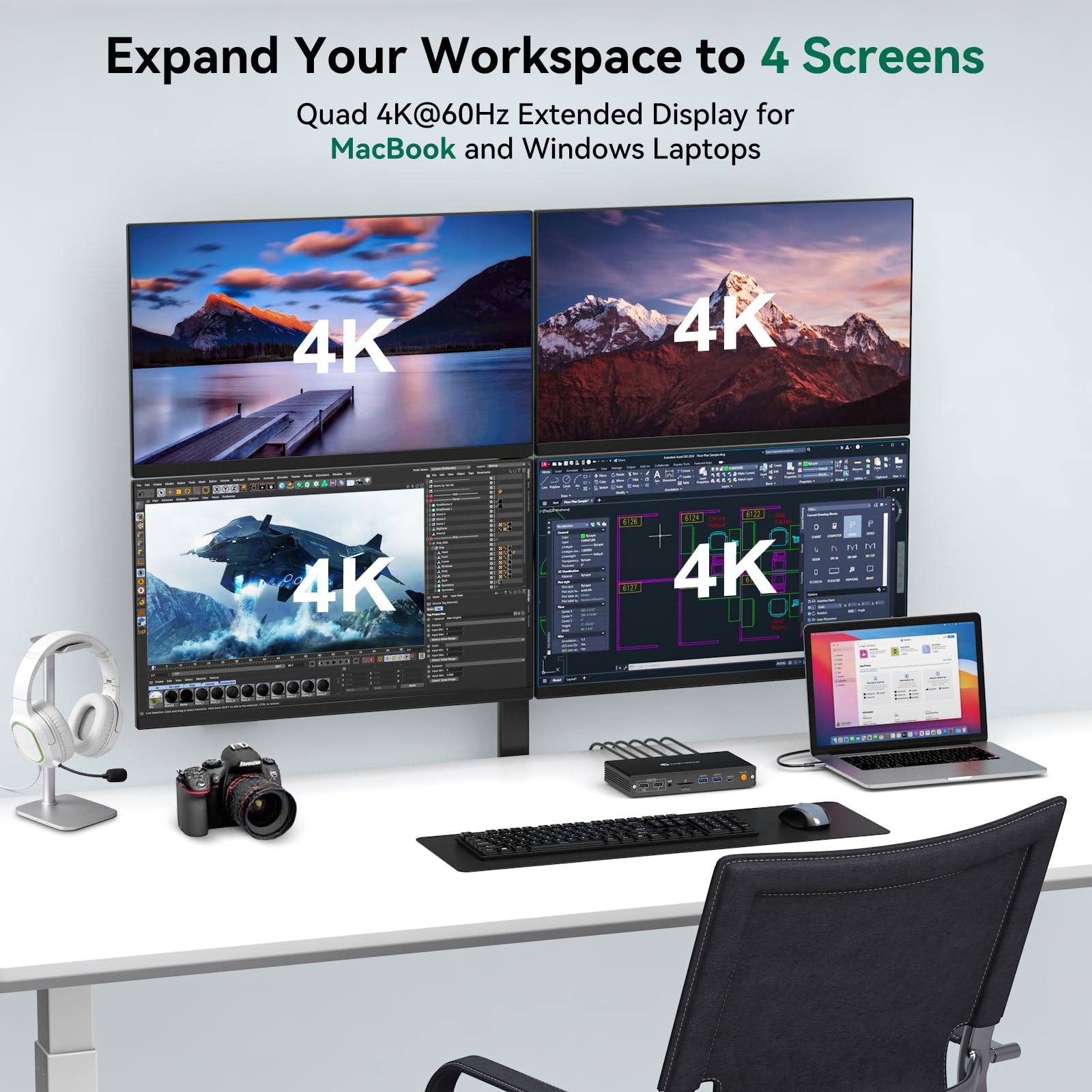 USB C Docking Station 4 Monitore für MacBook Air/Pro 4K@60Hz Erweiterungsanzeige mit DisplayLink für M5 M4 M3 M2 M1 Laptops USBC Dockingstation 4 HDMI, PD 100W, USB 3.2
