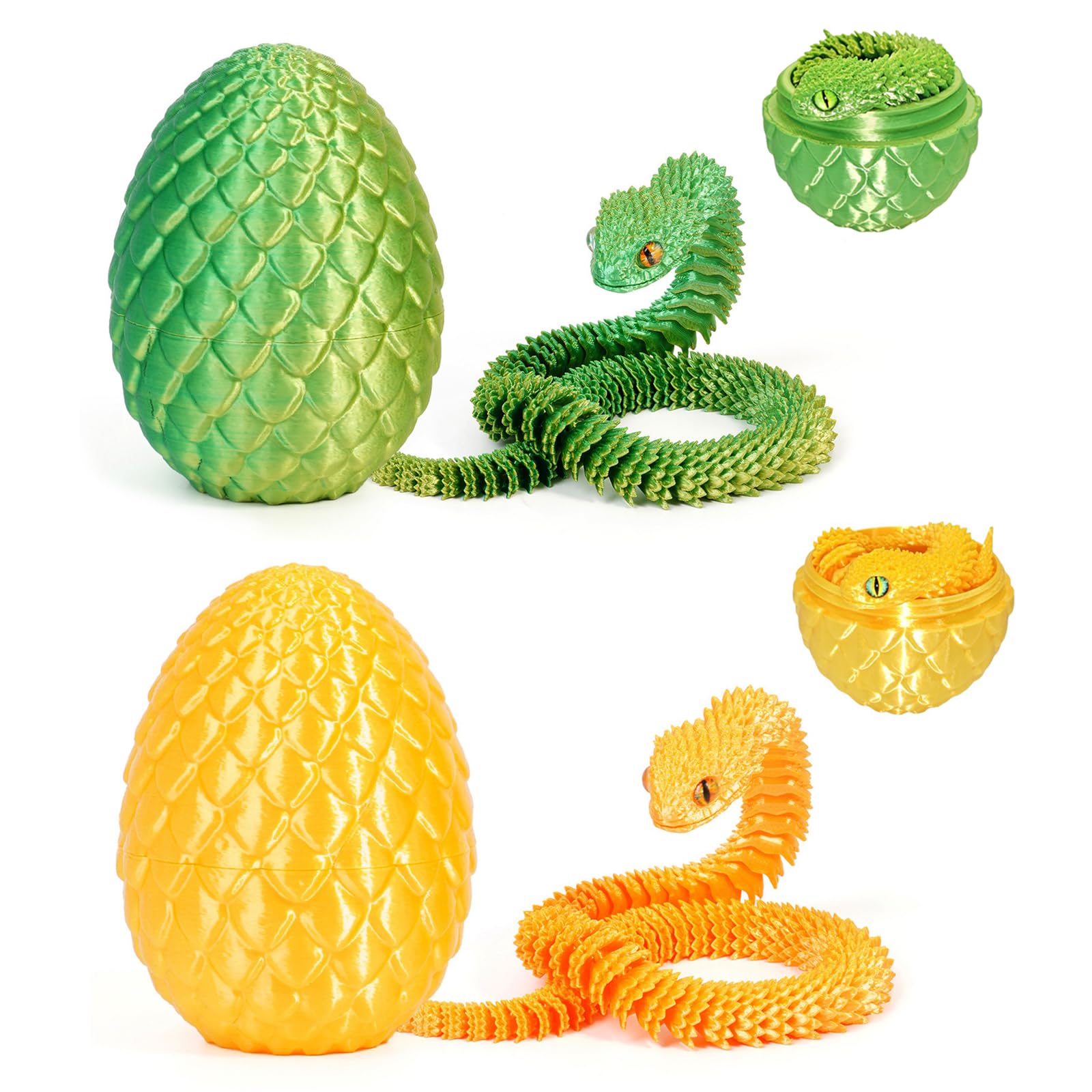 3D Printed Snake in Egg Small – Flexible Articulated Snake Fidget Toys for Home and Office Executive Desks Décor (Gold & Green) — image 1