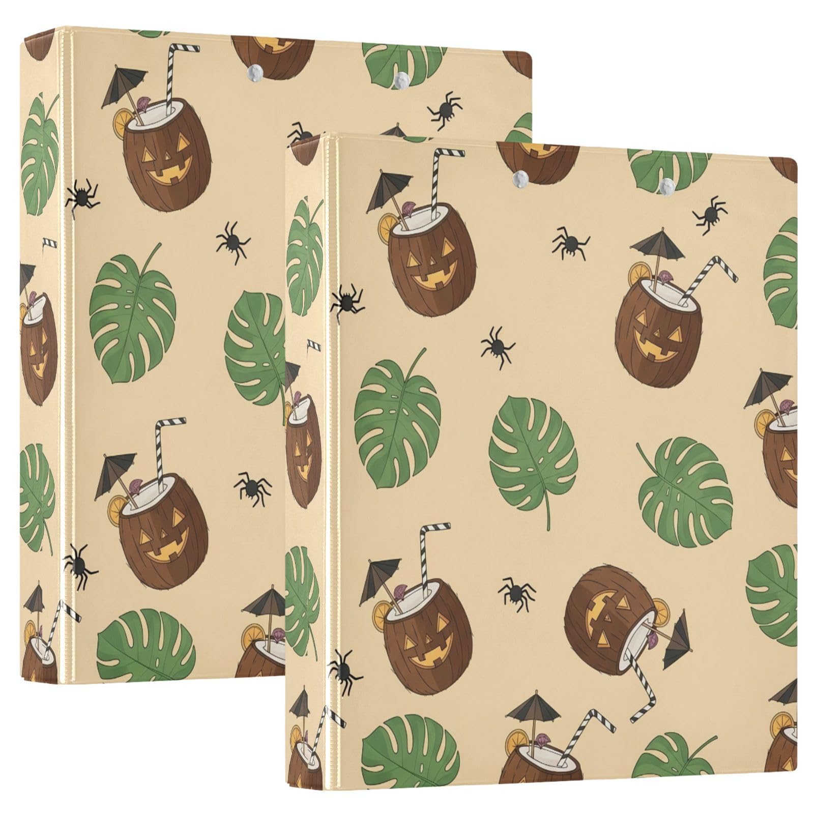 Raccoglitori a 3 anelli, 3,8 cm, in cocco, con facce di Jack-o-Lantern, decorativi, rotondi, con clip in metallo, organizer per casa e ufficio, confezione da 2