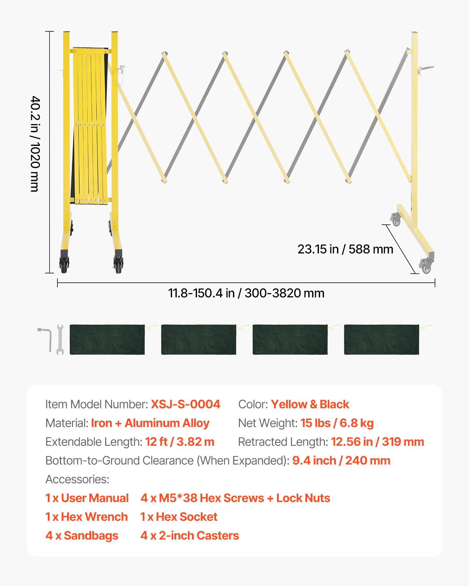 VEVOR Barricada Extensible de 3,82 m, Barrera de Seguridad Plegable con Ruedas y Frenos, Valla Metálica Portátil, Aluminio, para Uso Industrial Construcción Control de Espacios, Color Negro Amarillo