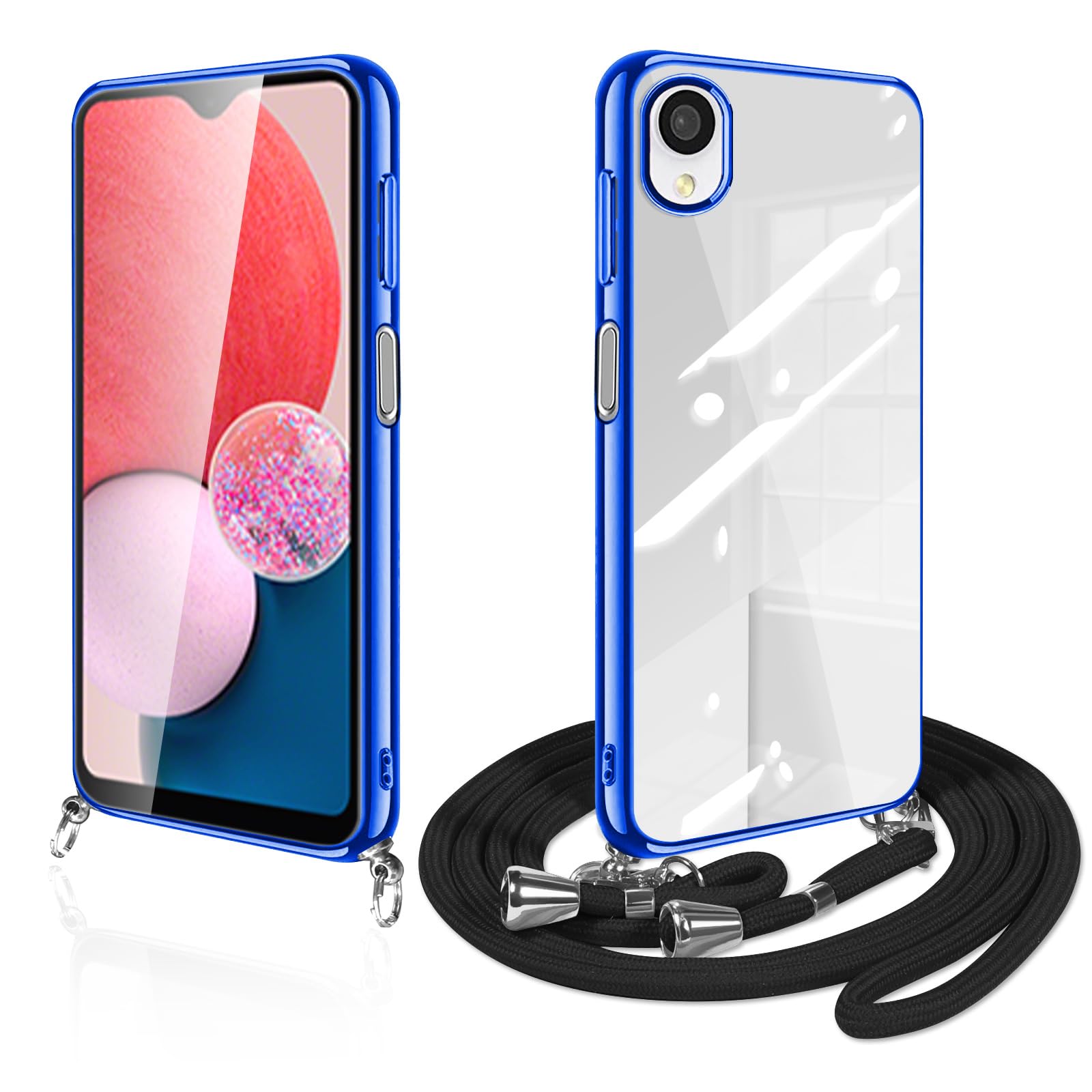 Galaxy A23 5G ケース クリア ショルダー SC-56C SCG18 スマホケース 透明 TPU カバー ストラップ付き 肩掛け 首掛け 紐付き 斜めがけ 薄型 耐衝撃 シリコン メッキ加工(ブルー)