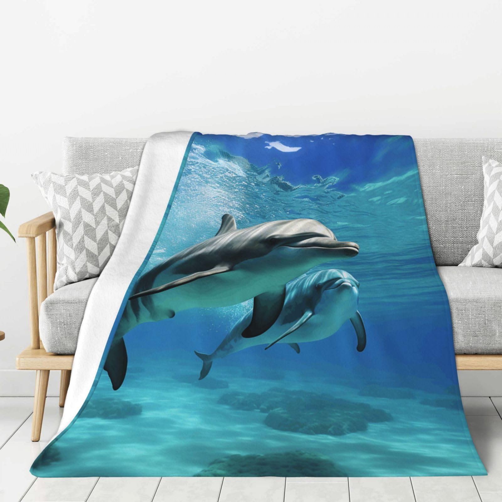 Marine Dolphin Throw Blanket Plush Flannel Fleece Blanket, Soft Lightweight Cozy Blankets 60"X50" for Bed Couch Sofa Travel