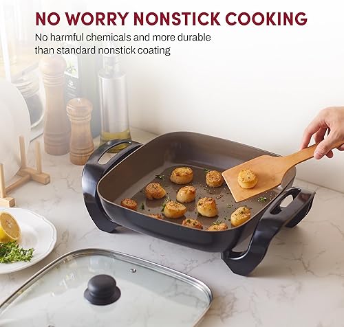 Miniatura 5 de Elite Gourmet EG3033 - Sartén eléctrica saludable de cerámica saludable de 12 x 12 x 2.35 pulgadas con revestimiento de titanio, resistente a los