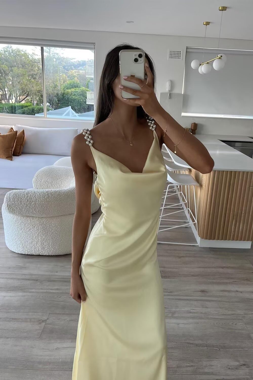 Spaghetti Straps Satin Prom Dresses for Women 2026 Cowl Neck Backless Formal Evening Dress