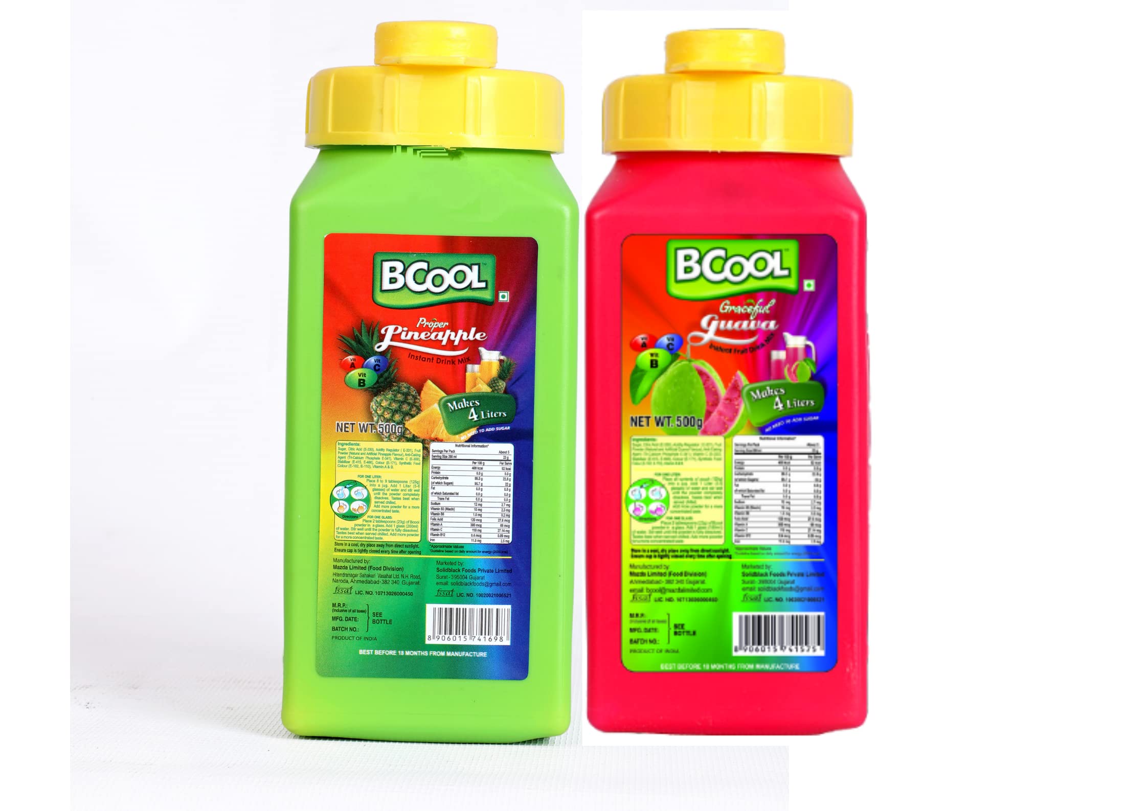 BCOOL Instant Pinacolada & Guava Drink Mix Powder Refreshing Summer Beverage | Tasty and Healthy Hydration For Energy and Immunity | Easy to Make Ideal for Kids Adults (Each 500g, Pack of 2)