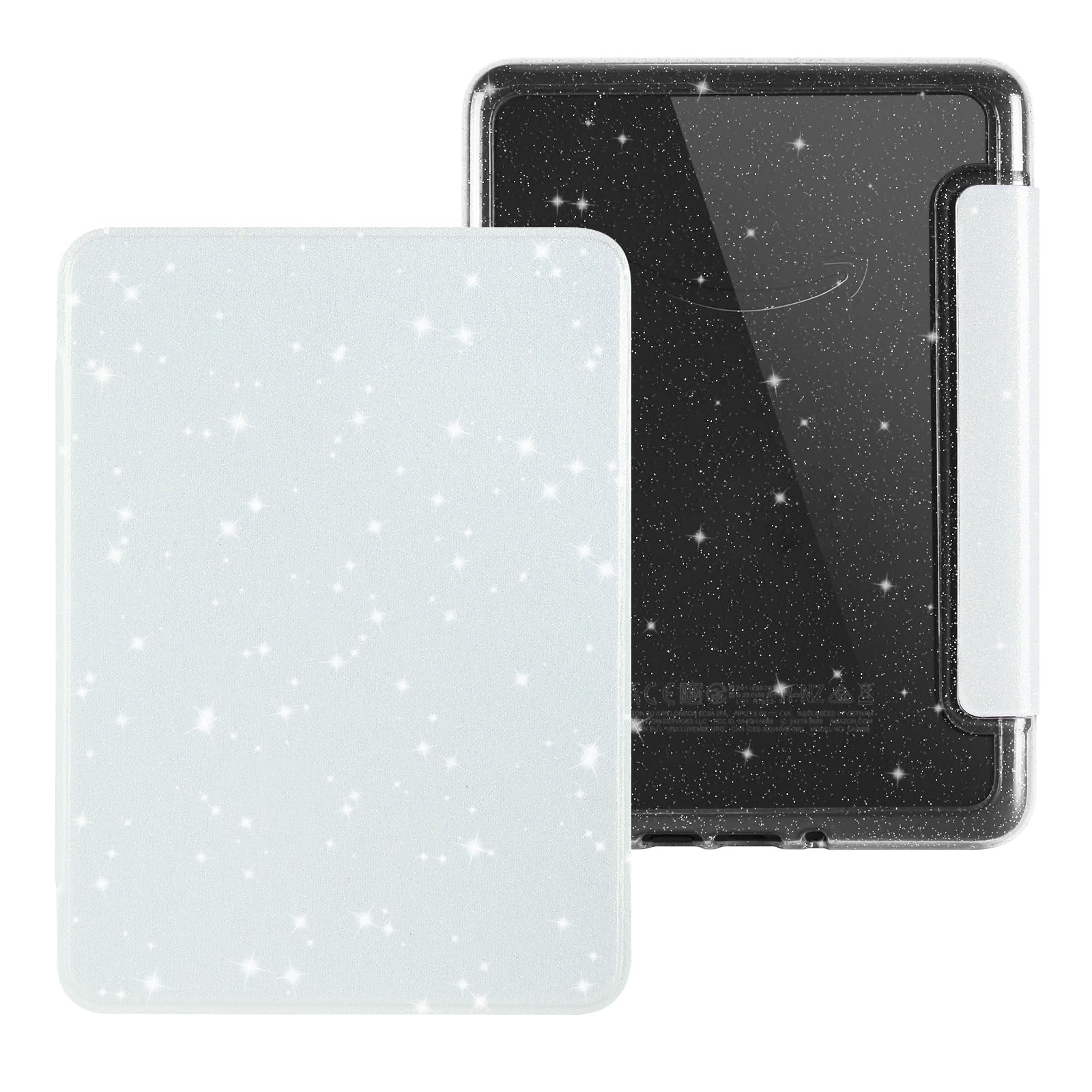 Étui à paillettes pour Kindle Paperwhite 6" (10e génération-version 2018, modèle n° PQ94WIF), coque en cuir synthétique et dos rigide transparent, avec mise en veille/réveil automatique, blanc