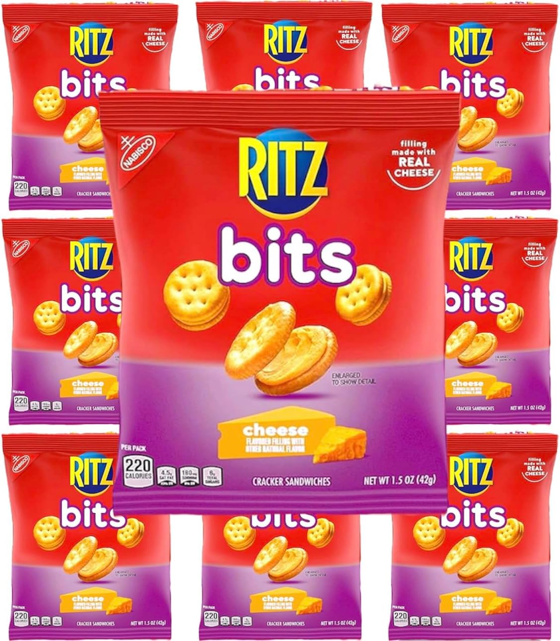RITZ Bits Cheese Sandwich Crackers, 1.5 oz Bags, 10 Count