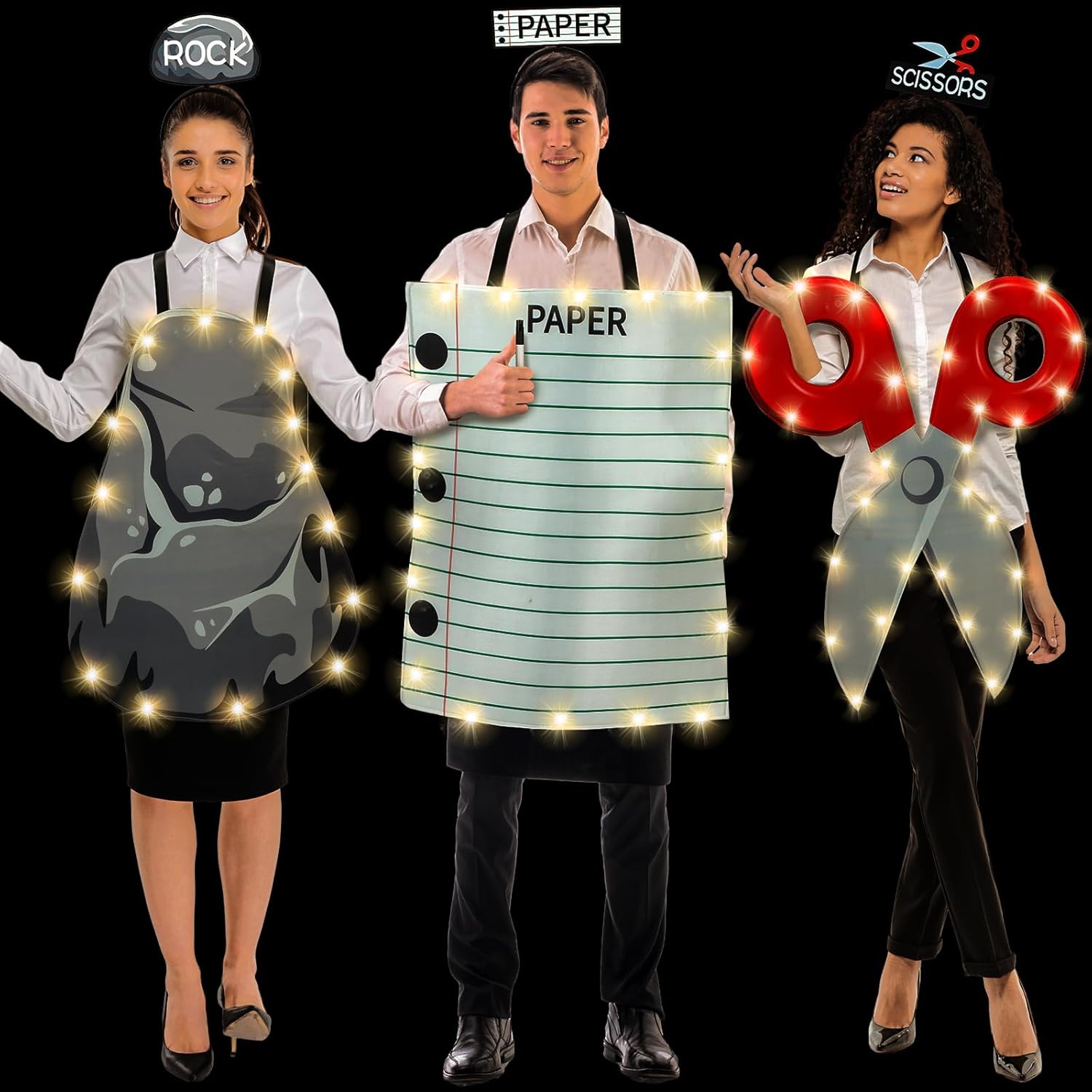 Suhine 7 Pcs Rock Paper Scissors Costumes Adults Family Halloween Costumes Set for 3 Person Trio Group Halloween Outfits Luminous Style