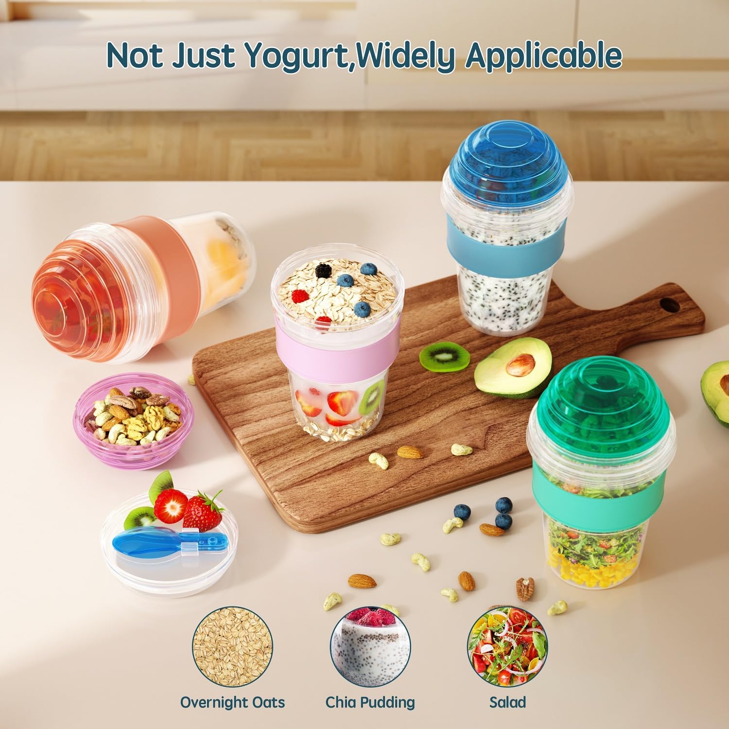 4 Pack Yogurt Parfait Cups with Lids Reusable, 20 oz Plastic Overnight Oats Containers with Lids Spoons Granola Compartment for Fruit Nuts, To Go Overnight Oat Jars for Oatmeal, Snack, Breakfast Prep - Image 2