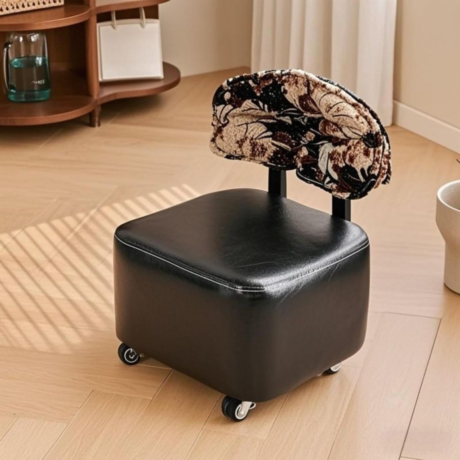 LZQDMFF Rolling Stools with Wheels, Wooden Footstool, Little Low Small Stools on Wheels, 360 Degree Rotating Low Stool, Short Roller Seat Chair for Bedroom, Living Room and Kitchen (Black)
