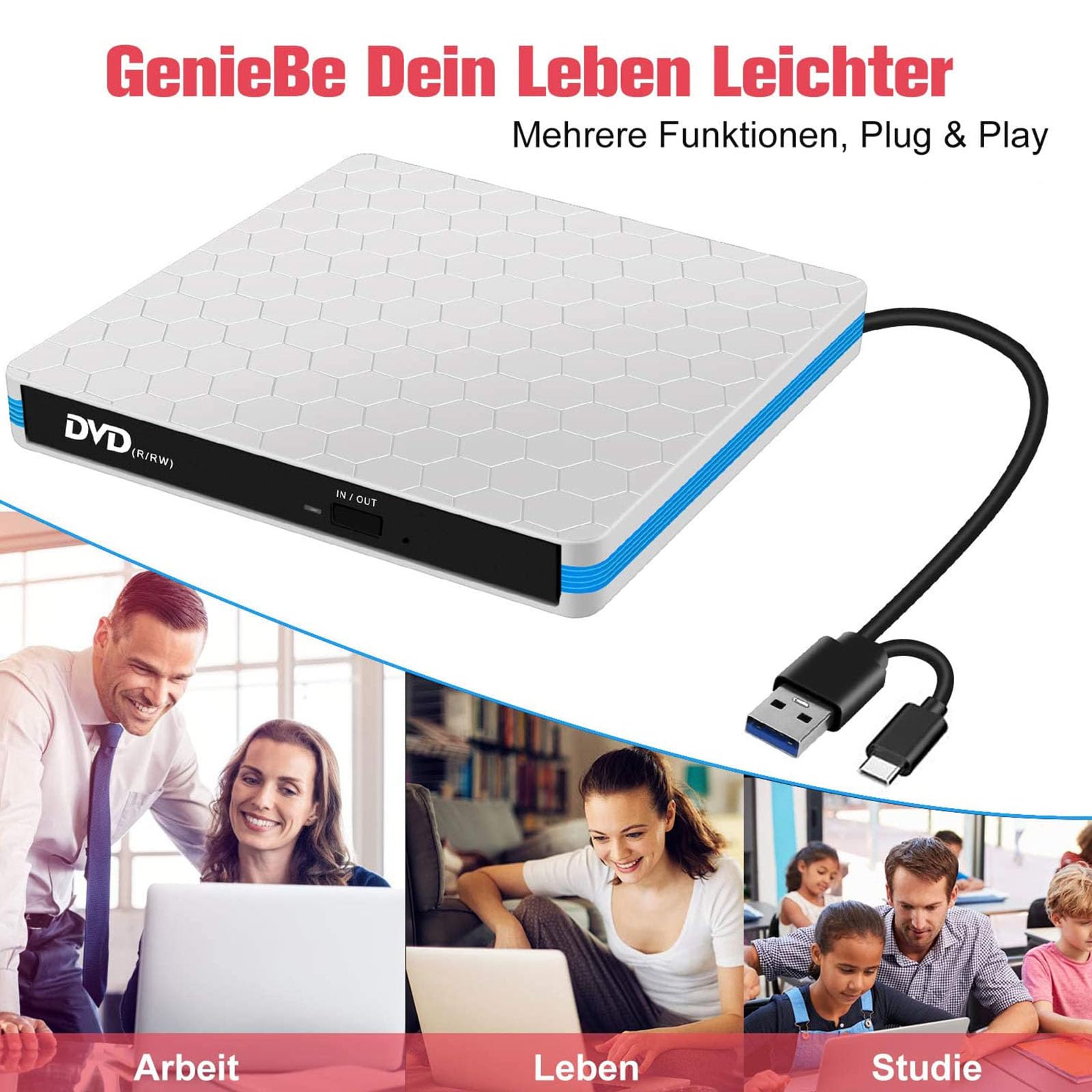 Masterizzatori DVD Esterni Portatile Con USB C & USB3.0 Interfacce Per 10 8 7 PC Laptop Desktop Portatile Dvd Bruciatori Senza Alimentazione Esterna