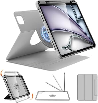 Rotatable Case for iPad Air 13 inch 2024 M2,iPad Pro 12.9 inch 6th Gen-2022, 5th Gen-2021, 4th Gen-2020 Detachable Magnetic Attraction Case,360 Rotating,Adjustable Stand,Pen Holder,Light Grey
