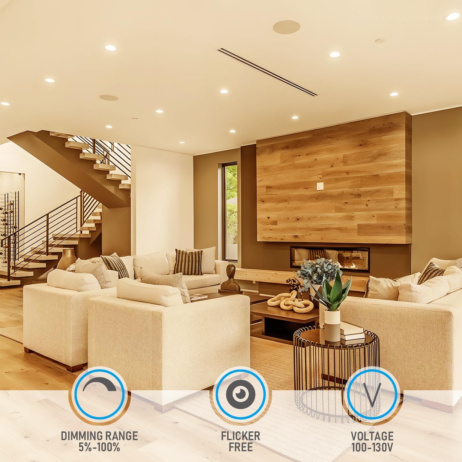Diagram showing the dimming range of 5%-100%, flicker-free operation, and voltage compatibility of 100-130V.