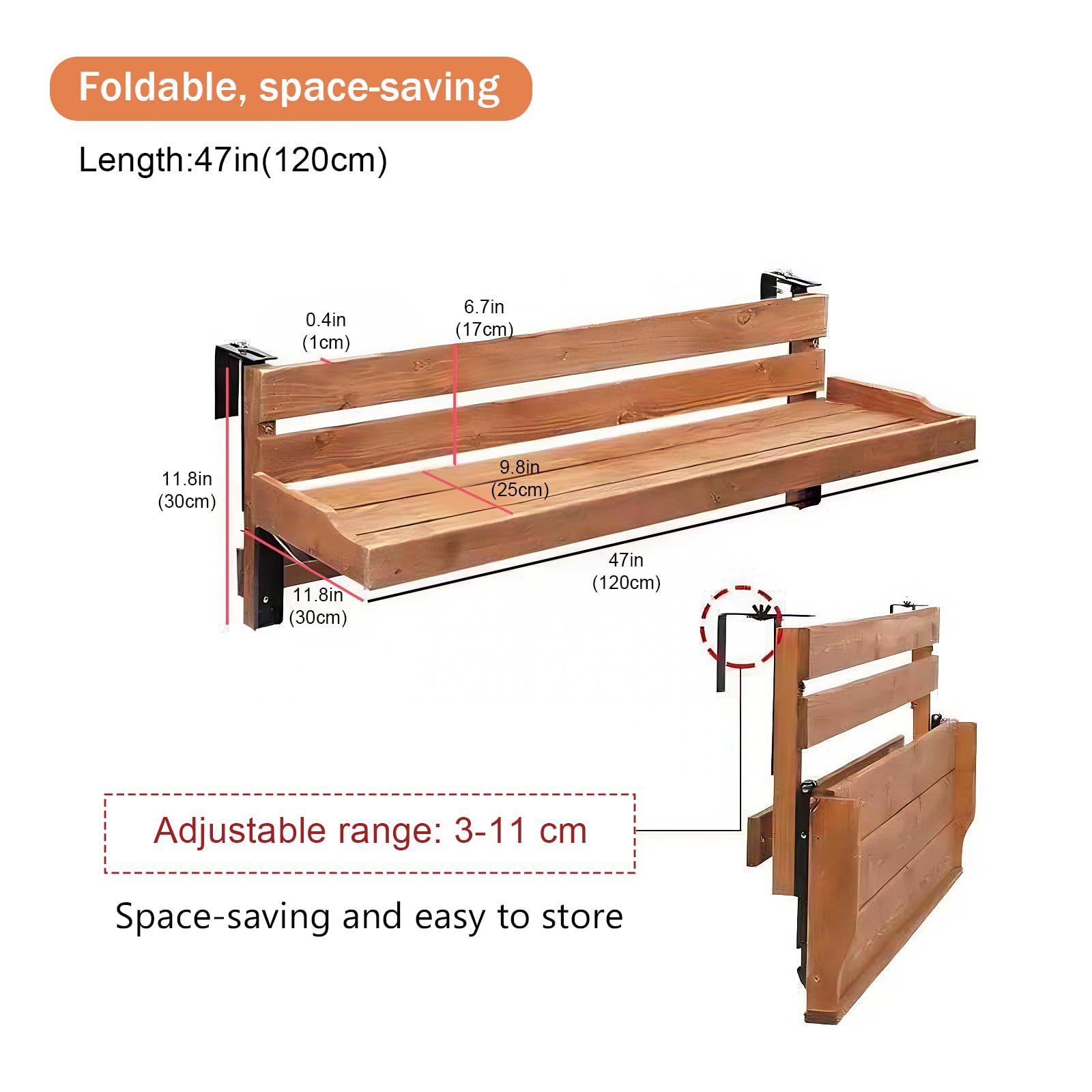 Balkon-Hängetisch,an Geländer Montierter Balkontisch,Verstellbarer,an der Wand Montierter Klappgeländertisch, Massivholzkonstruktion,Geeignet für Balkone und Innenhöfe(Size:120x30x30cm)