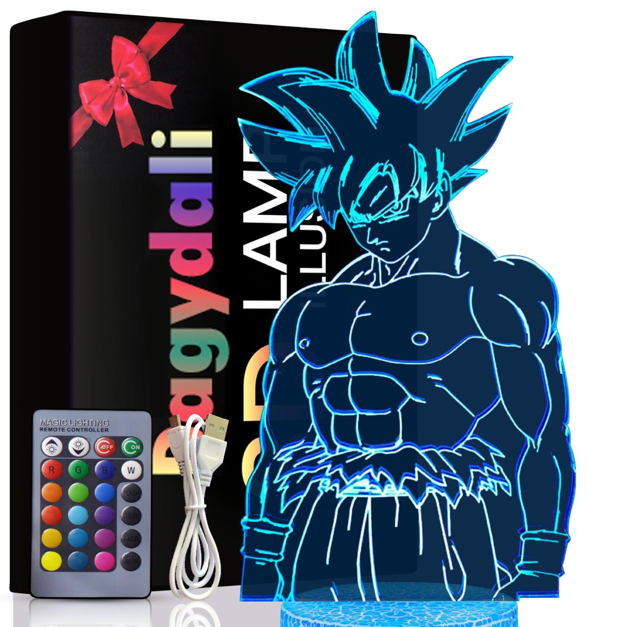 Dagydali Super Saiyan Goku Night Light, 3D LED 16 Color Anime Goku Lamp | Dimmable, USB/Battery Powered, Remote Control and Smart Touch, Boys Room Decor
