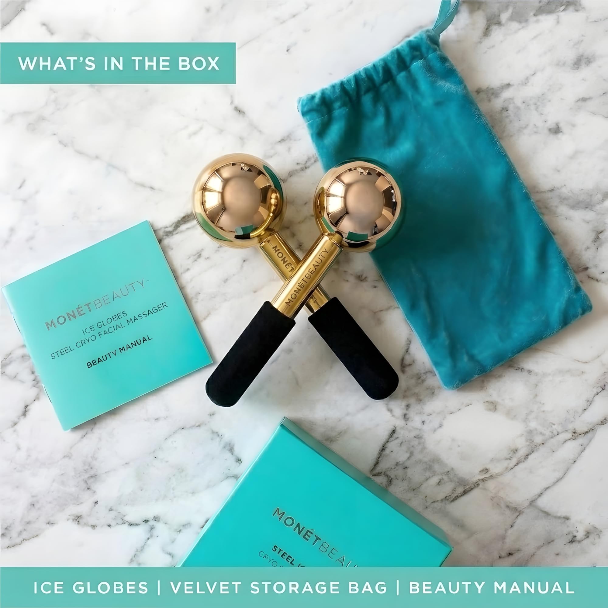 MonétBeauty Globos de hielo de acero inoxidable para tratamientos faciales, mango negro dorado, globos criogénicos duraderos que reducen instantáneamente la hinchazón, aprietan los poros y el alivio