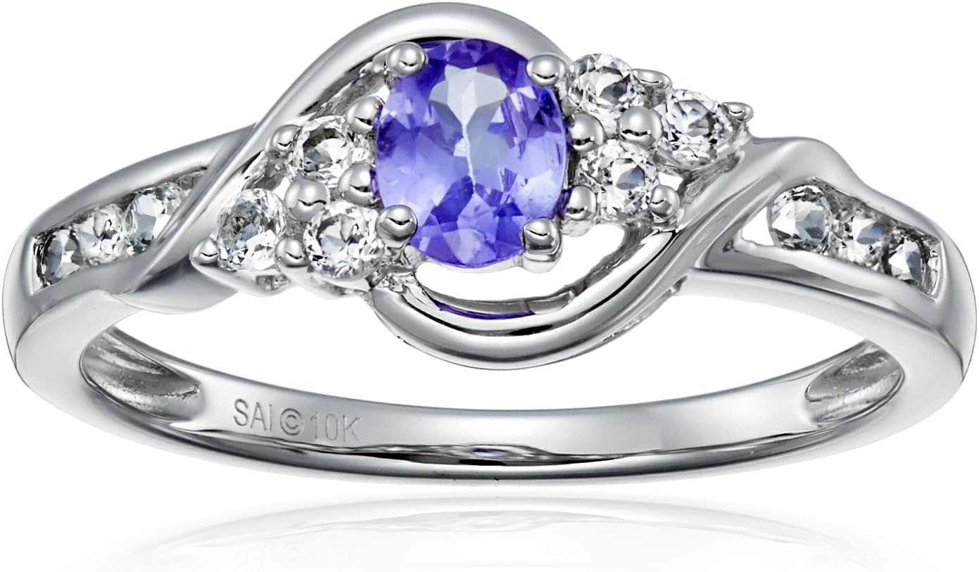 10K White Gold Oval Tanzanite and Round White Topaz Ring, Size 7