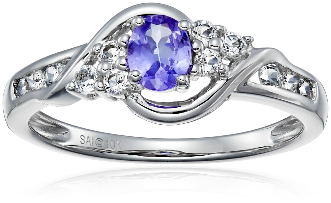 10K White Gold Oval Tanzanite and Round White Topaz Ring, Size 7