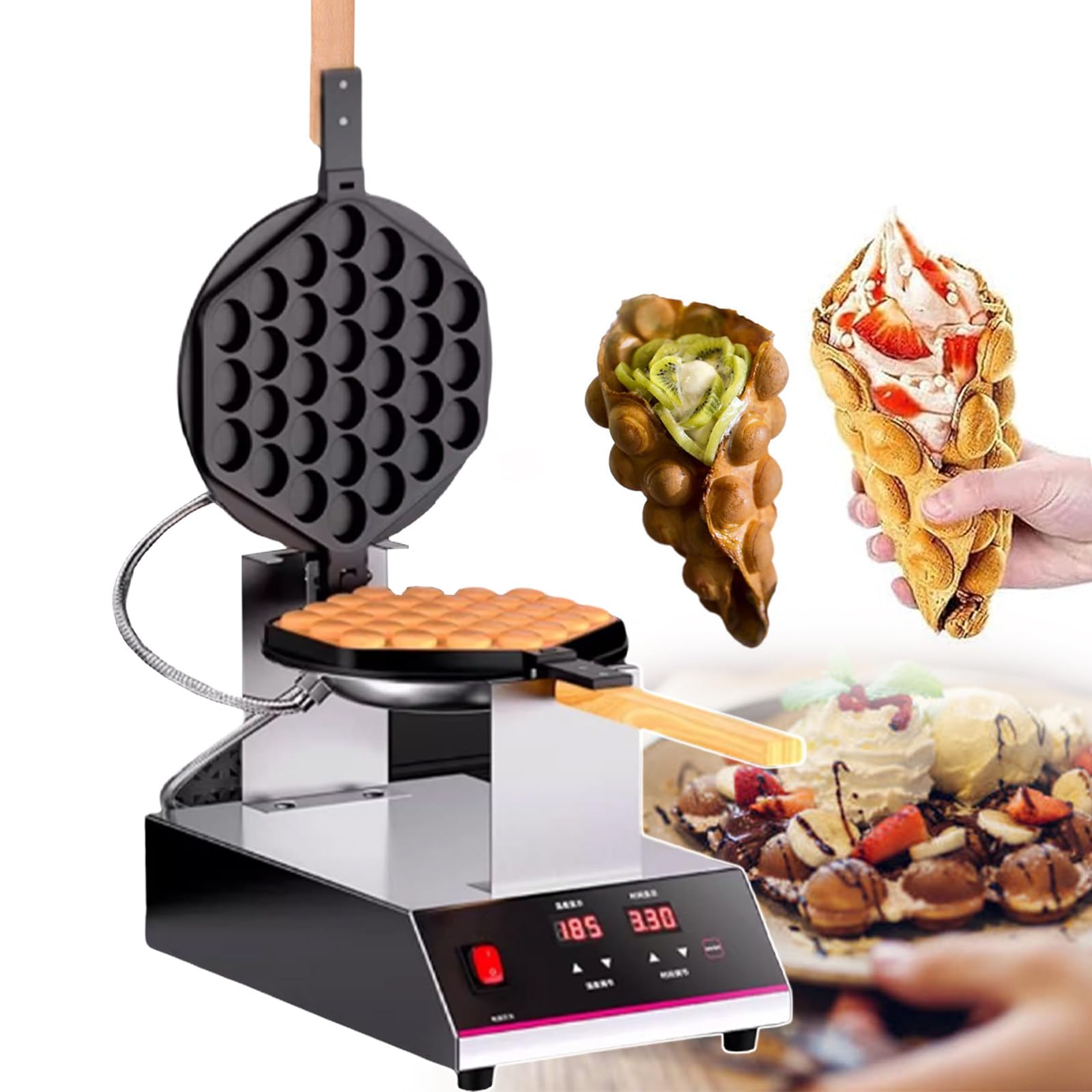 Molde para Hacer Gofres De Burbujas con Diseño Giratorio De 180° Y Mango De Madera, 1400 W, Temporizador Digital De 50 A 250 °C Y Bandeja Antiadherente De Teflón,SingleHead