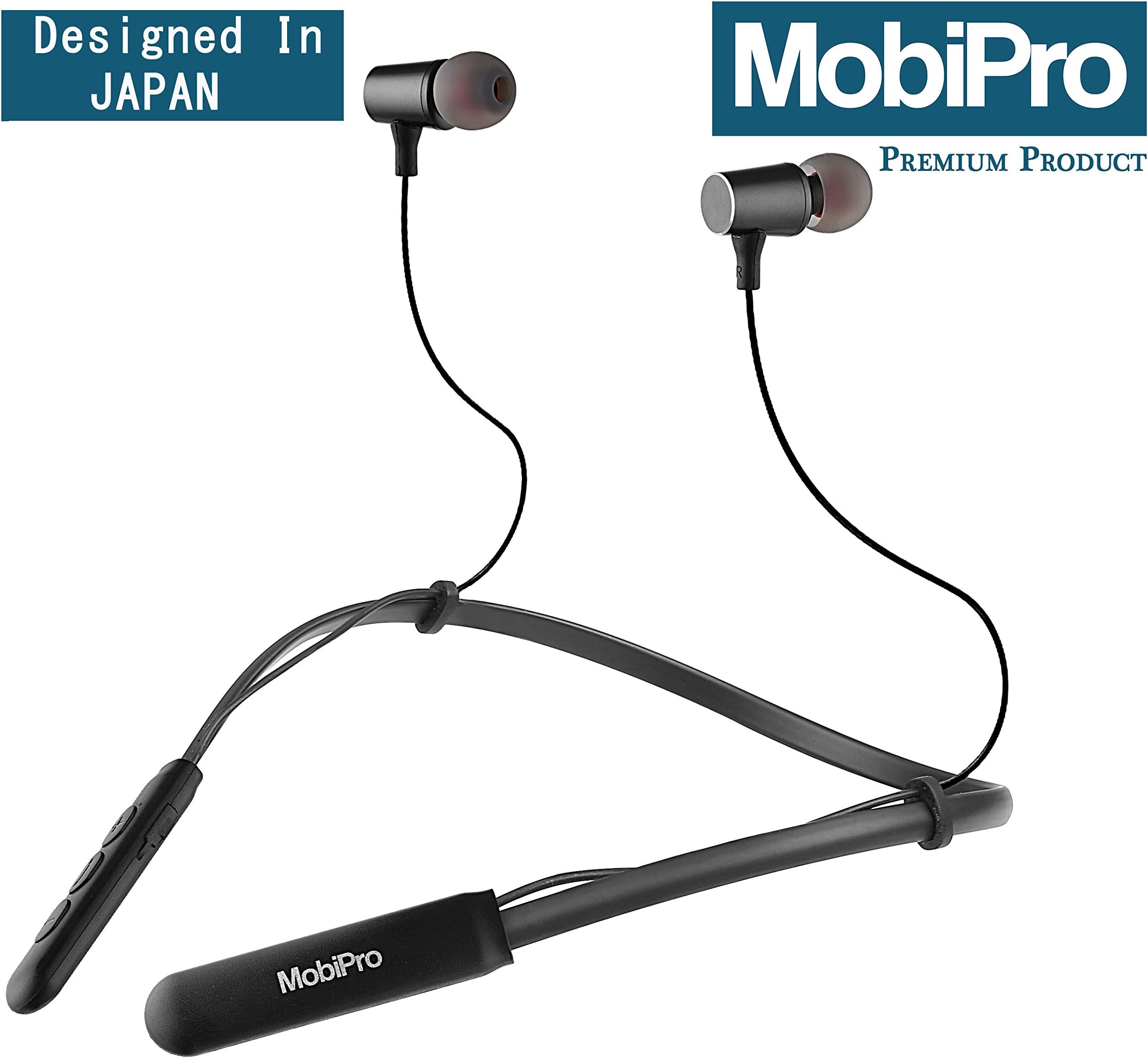 Mobipro {Japan) Flex Wireless Bluetooth Headset 4.2, Neckband, Noise Cancellation Headphones, 12 HRS Battery Life, Mega Bass HD Sound, Magnetic Earphones (Black)- 1 Year Warranty.