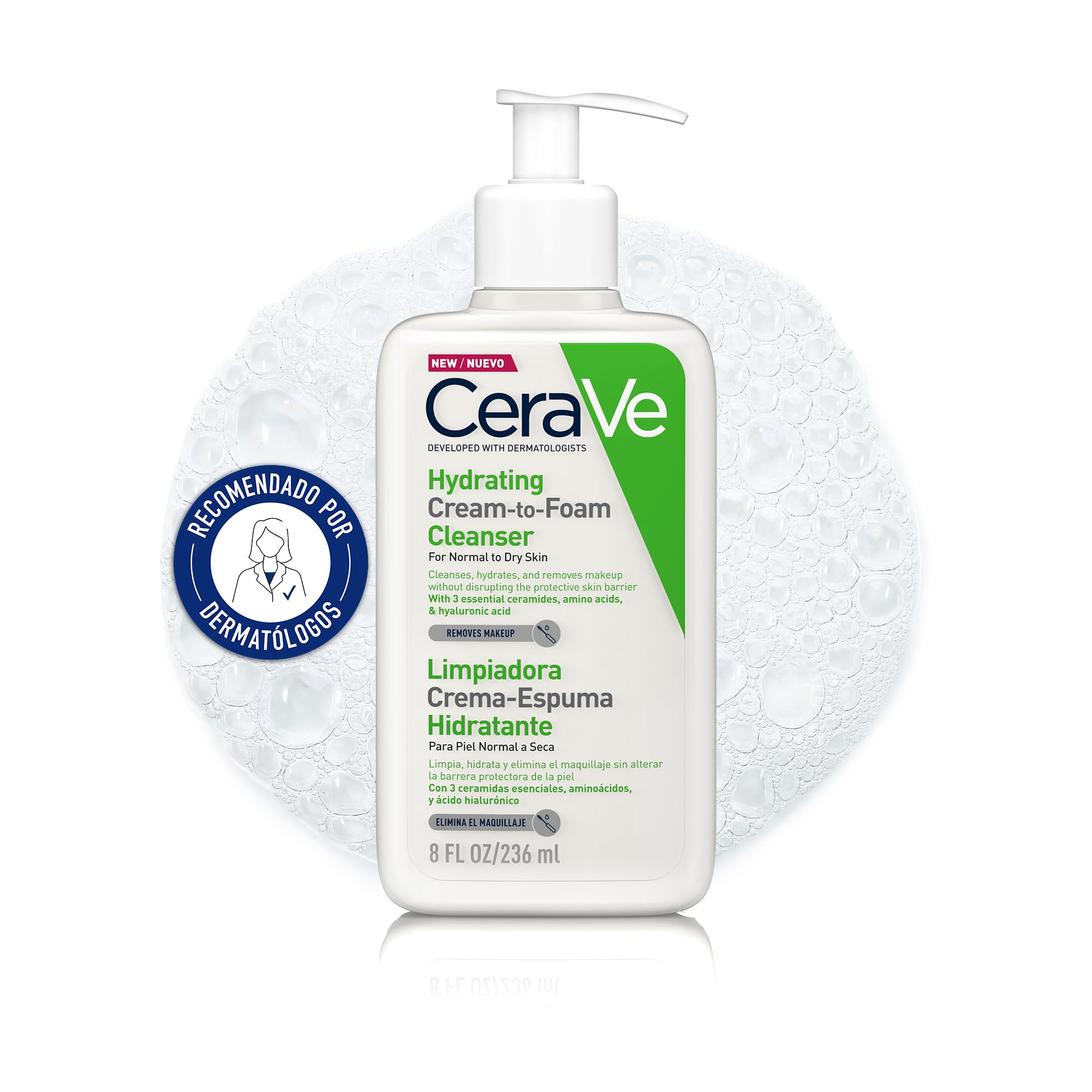 CeraVe Gel Limpiador Crema-Espuma Hidratante, Para Piel Normal a Seca, Elimina Maquillaje, Suciedad y Grasa, Para Rostro, Con Ceramidas Esenciales, Aminoácidos y Ácido Hialurónico, 473ml