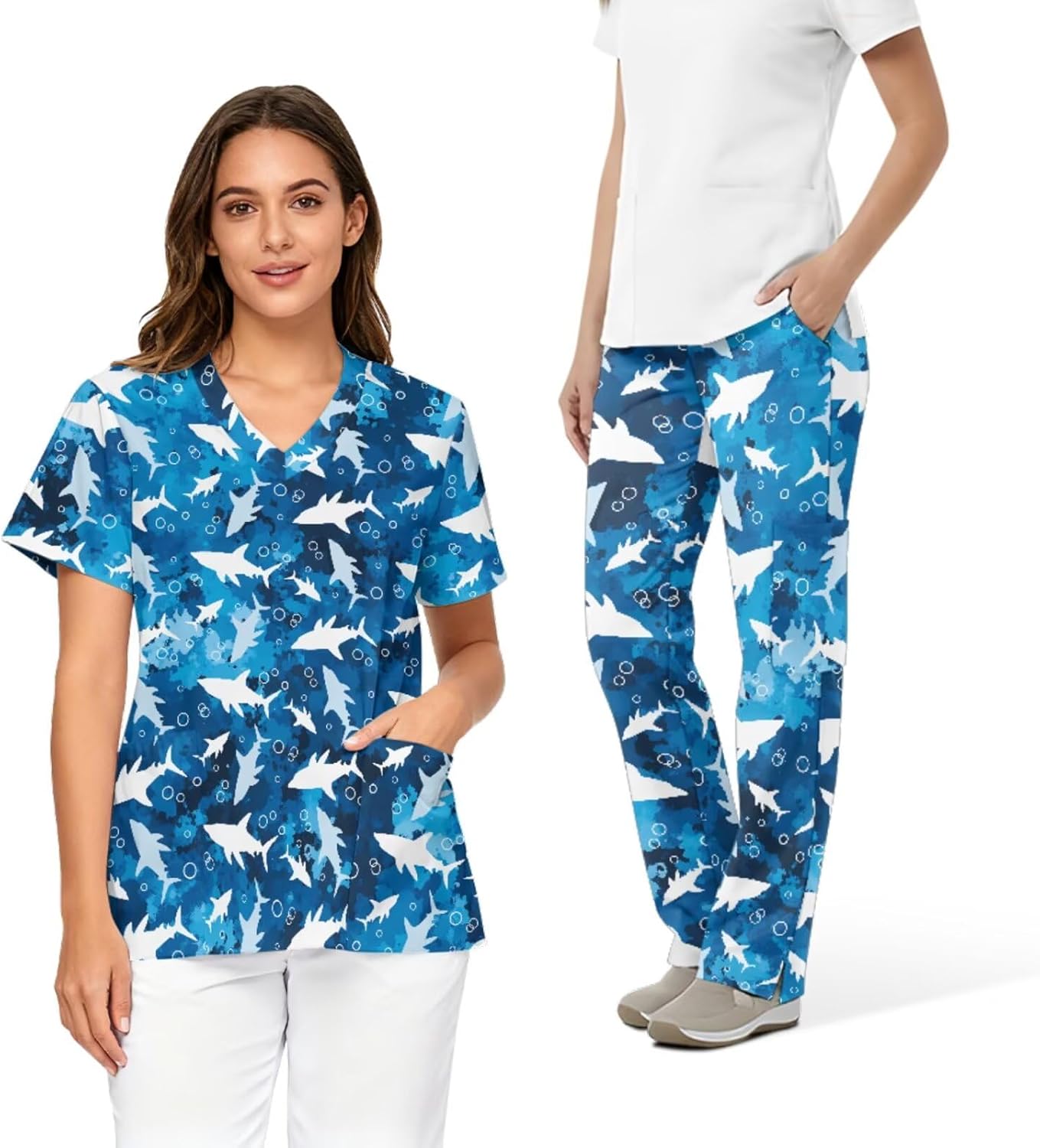 Printed Scrubs Set for Women Stretch V-Neck Scrub Tops with Pants, Pocket Medical Uniform for Nurse Doctor Work