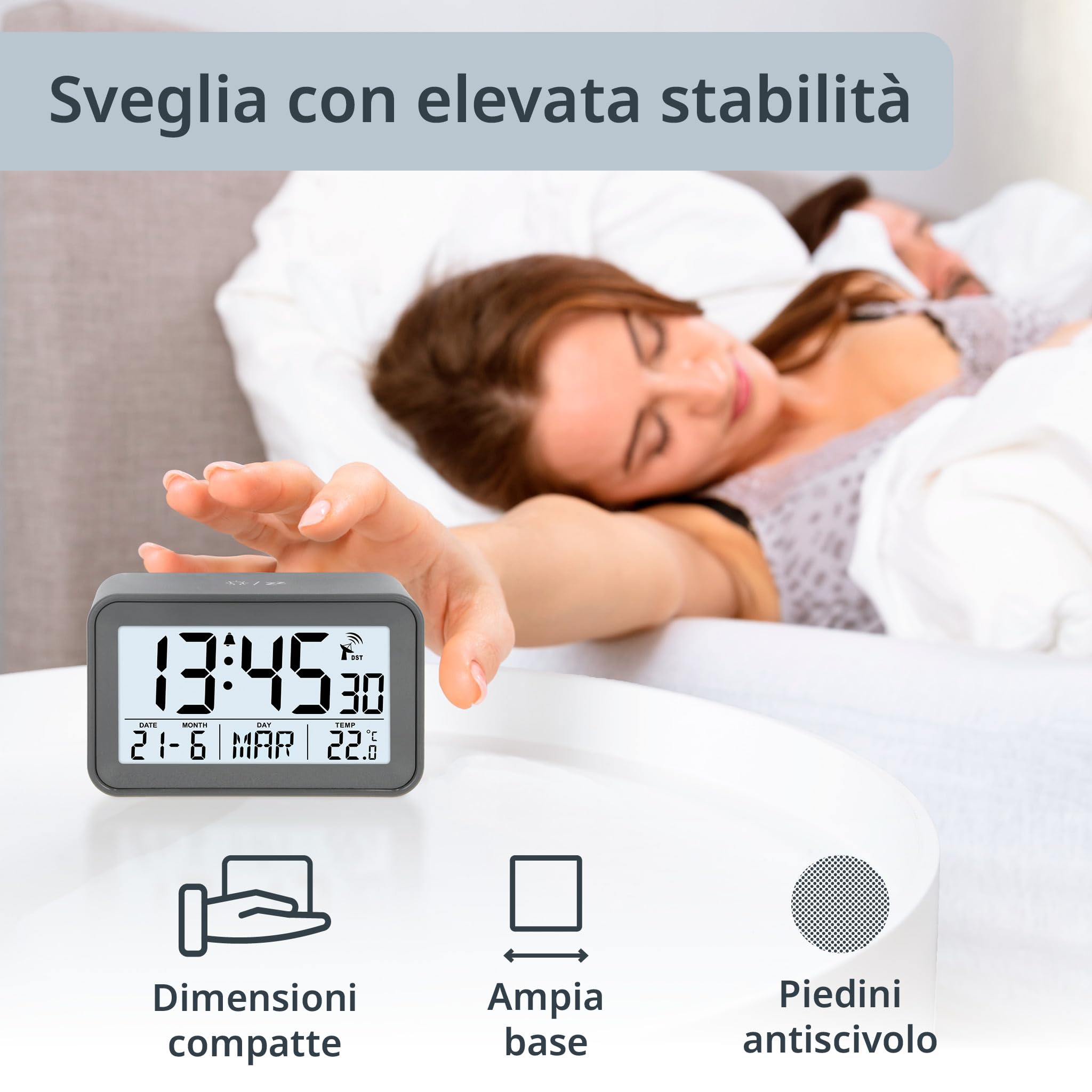 ADE Sveglia radio-controllata digitale con luce, temperatura e calendario, compatta
