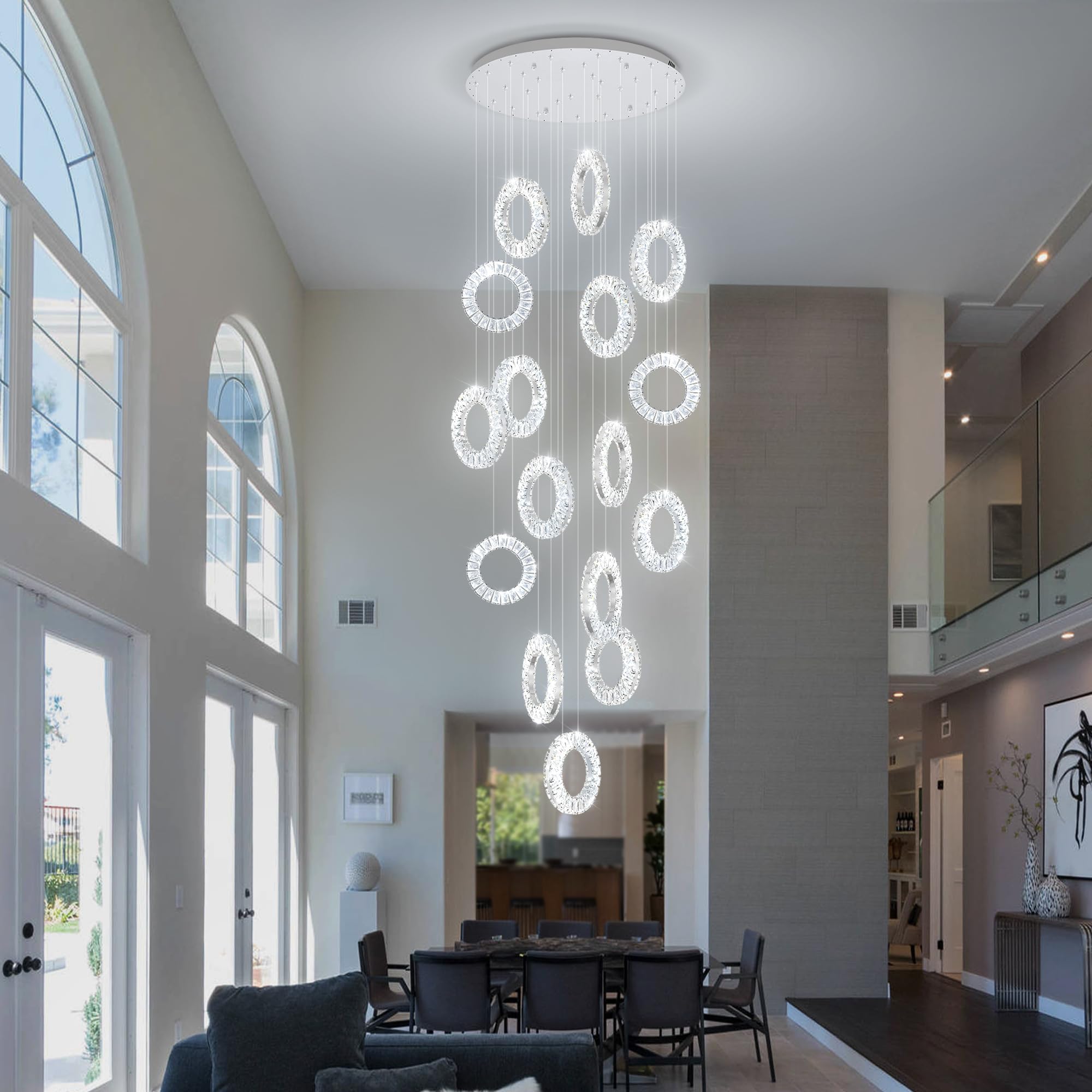 Photo 1 of ykolupty High Ceiling Chandelier,Silver Modern Chandelier with 16 Ring Led Foyer Chandeliers Hanging Flush Mount Lighting Fixtures for Staircase,Foyer,Entryway,Living Room