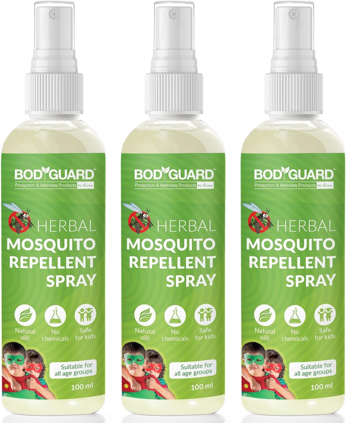 Bodyguard Herbal Mosquito Repellent Spray With Goodness Of Essential Oils And Aloe Vera Extracts - 100 Ml,Pack of 3,Green