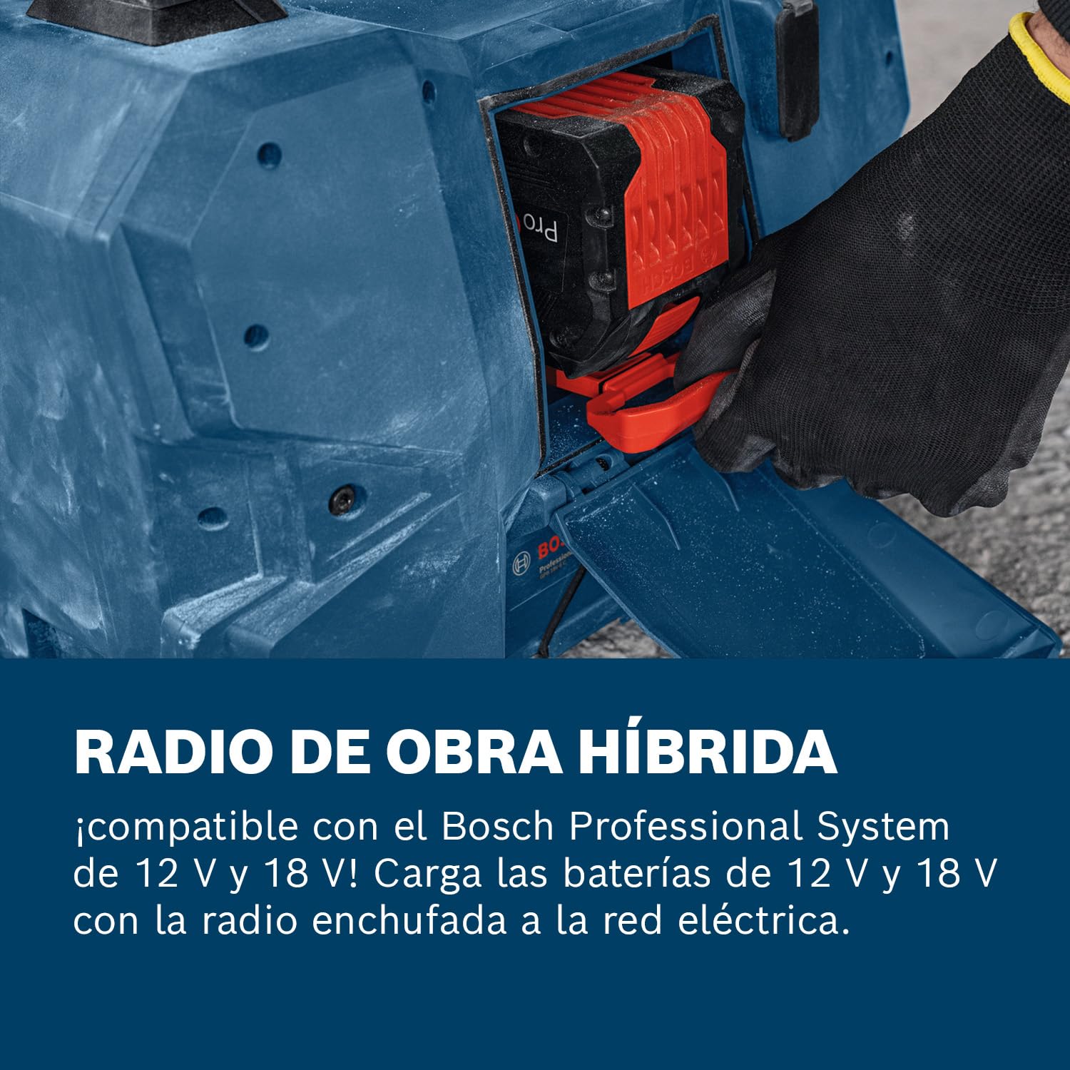Bosch Professional 18V/12V System radio a batería GPB 18VH-6 SRC (carga interna para 18 V y 12 V, incl. abrebotellas, 2 pilas AAA, película protectora de pantalla, sin batería/cargador)