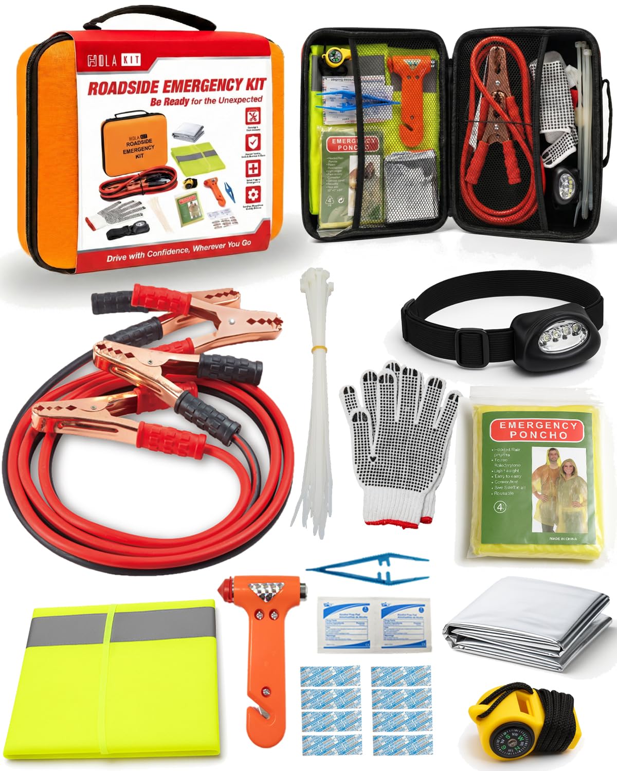 HolaKit Kit de emergência para carro – Kit de segurança na estrada com cabos jumper,