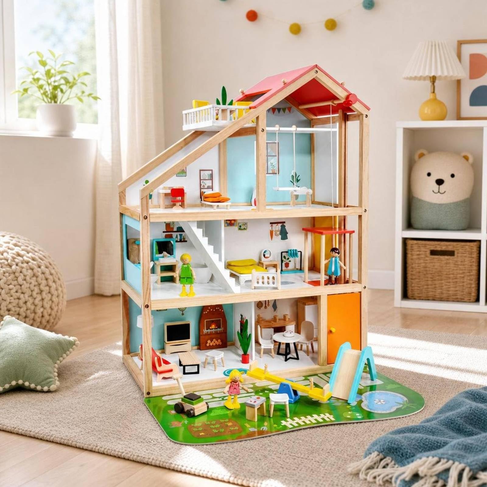 Almencla Puppenhaus Holz Puppenhaus Spielhaus Miniaturhaus mit Kompletter Ausstattung Figuren Möbeln Und Outdoor Zubehör für Geschwisterspiel Reise Geeignet