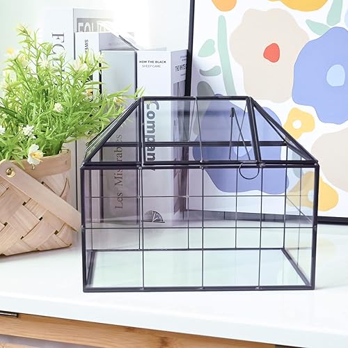 Miniatura 4 de lesolar Terrario de vidrio, contenedor de vidrio para terrario de plantas, 8.7 x 5.3 x 7 pulgadas, terrario geométrico negro con tapa, caja de
