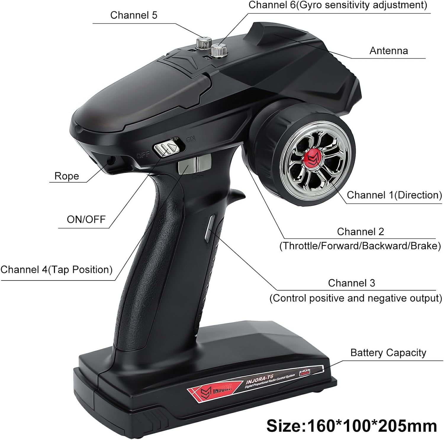 INJORA RC Transmitter 2.4GHz 6CH Controler and Receiver with Gyro Remote Inside Receiver for 1/8 1/10 RC Car Boat Tanks Crawler TRX4 SCX10 Upgrade Parts(T6DCG) - Image 4