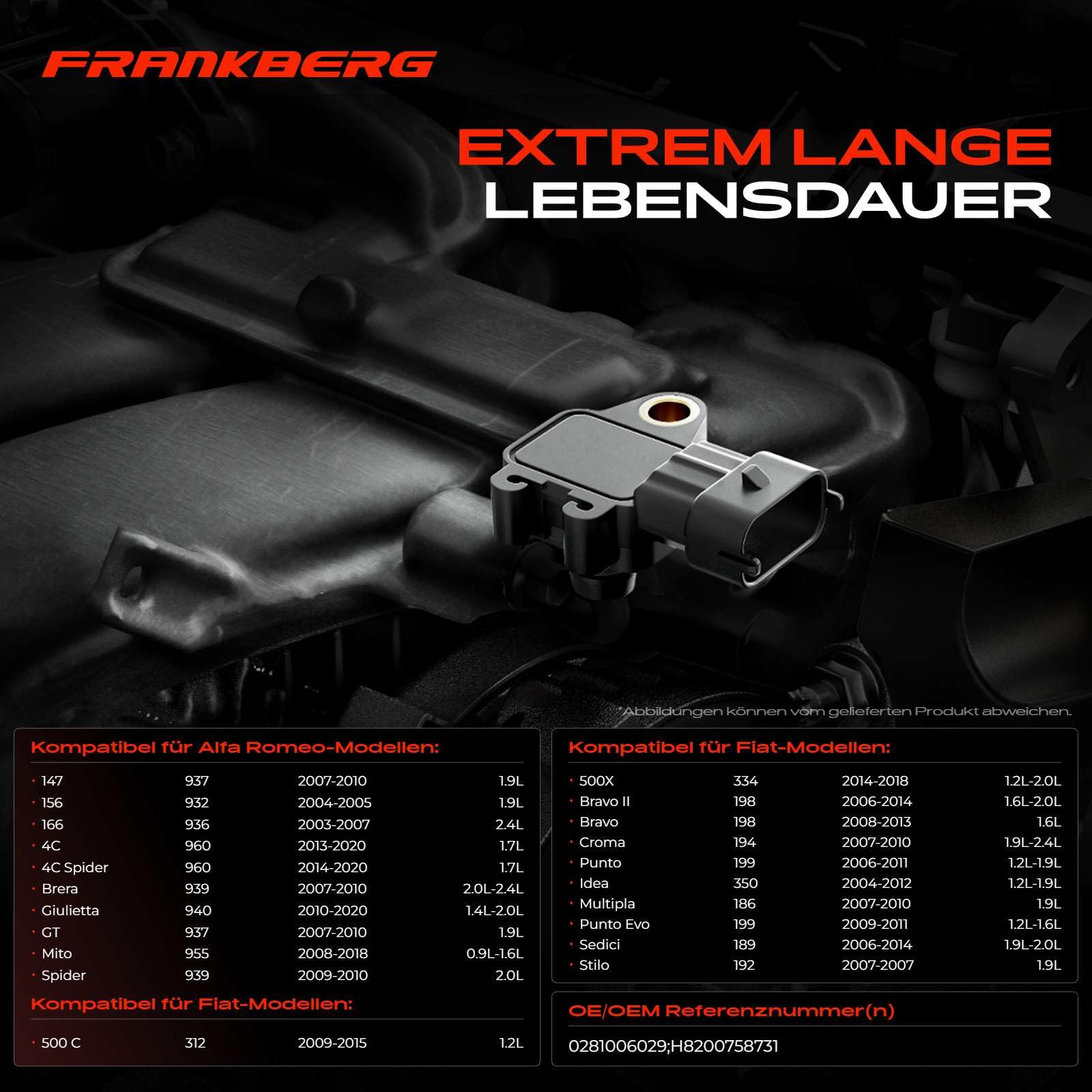 Frankberg Capteur de pression de suralimentation, capteur de pression du | Compatible avec: Pulsar Hatchback C13, Idée 350, Doblo Box/MPV 223, M.e.g.a.n.e IV Hatchback B9A/M/N
