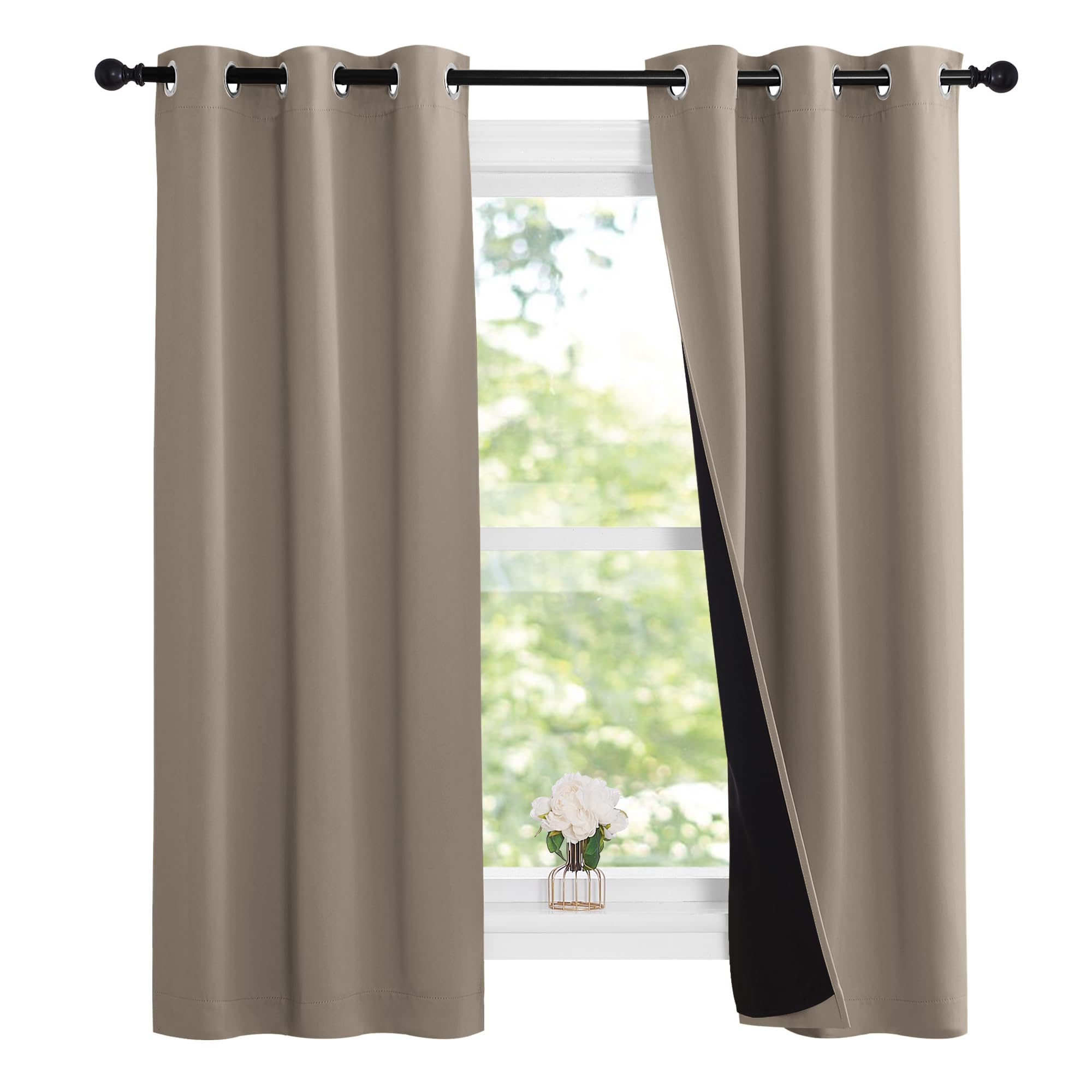 NICETOWN 100% Blackout Short Curtains with Black Liners, Solid Thermal Insulated Full Blackout 2-Layer Lined Drapes, Energy Efficiency Window Draperies for Bedroom (2 Panels, 37" W by 63" L, Taupe)